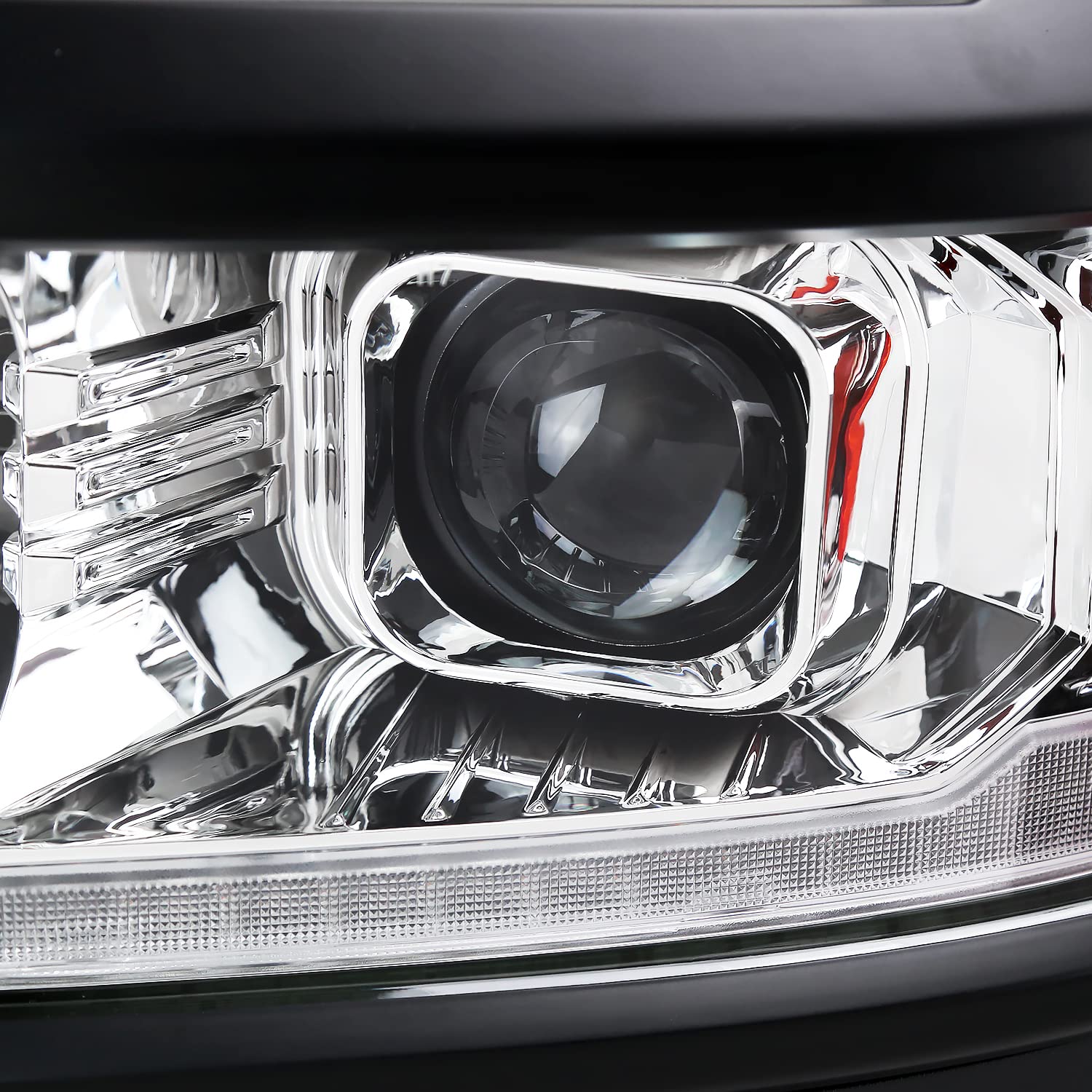 Chrome w/Black Trim SPEC-D TUNING Projector Headlights w/Sequential Switchback LED Strip and Startup Animation Compatible with 2014-2015 Chevy Silverado 1500, Left + Right Pair Headlamps Assembly