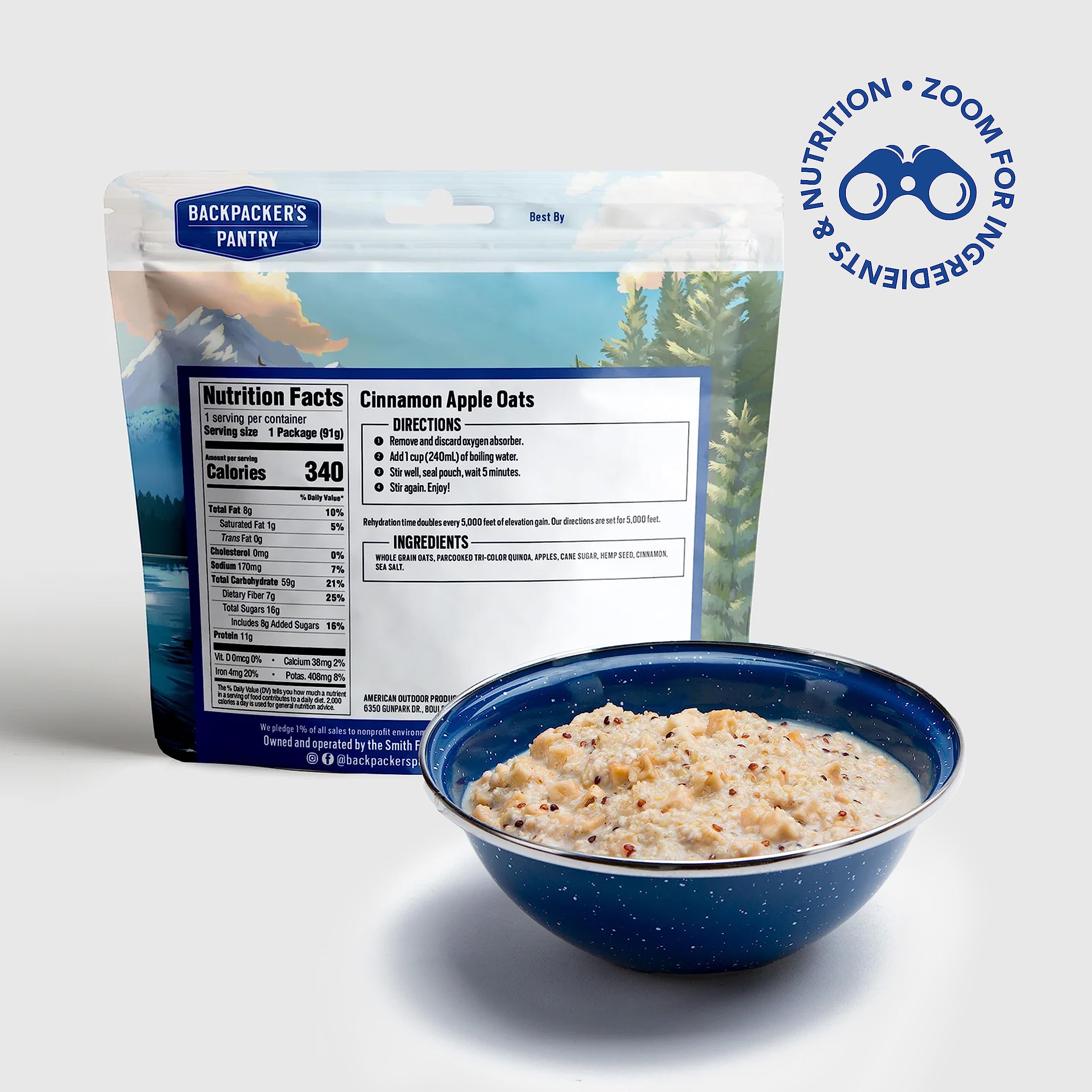 Cinnamon Apple Oats Backpacker's Pantry - Freeze Dried Camping & Backpacking Food - Emergency Food - 11 Grams of Protein, Vegan, Gluten-Free - 1 Count
