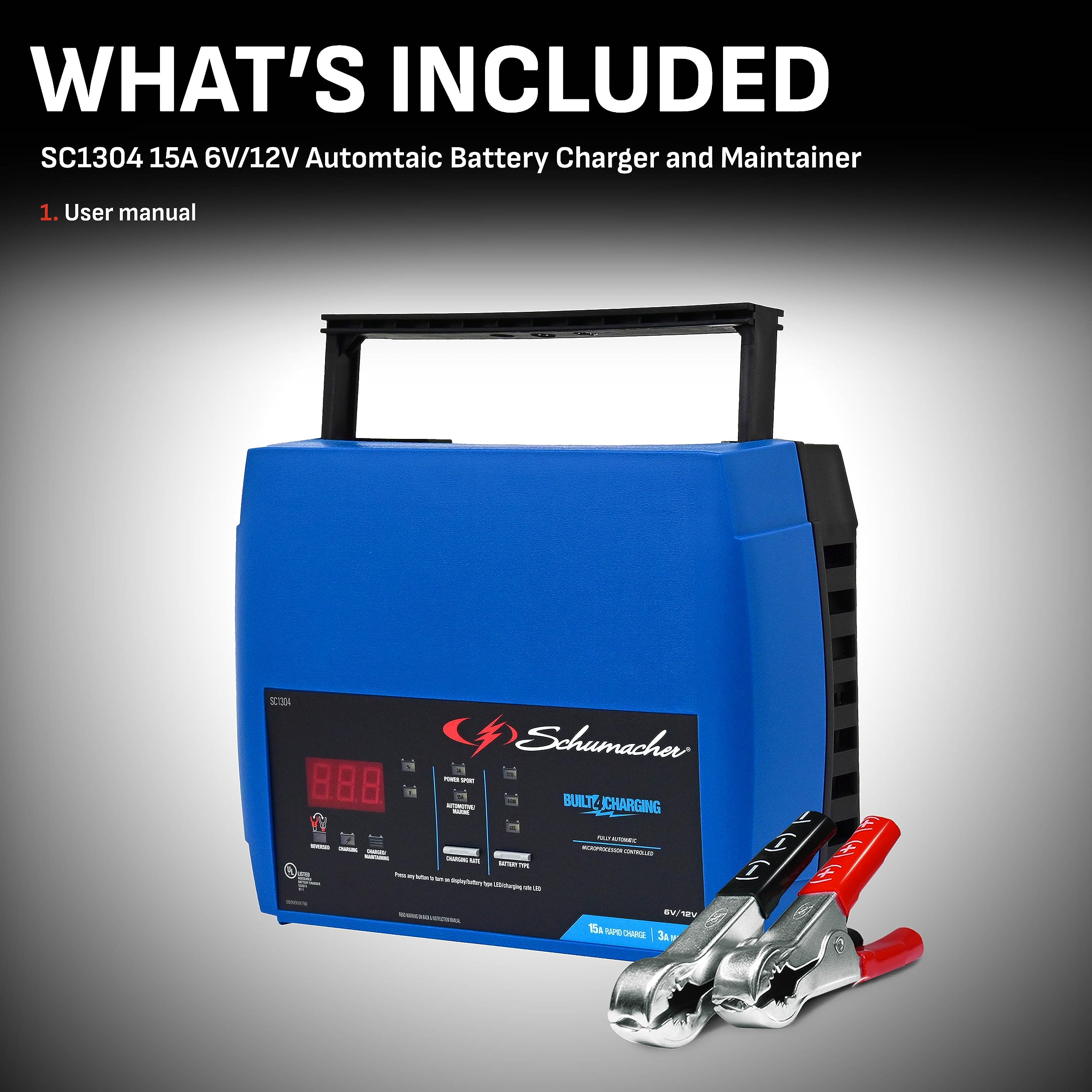 2-in-1 Schumacher Electric Rapid Battery Charger and Maintainer, SC1304 - Fully Automatic, 15 Amps, 12 Volt and 6 Volt, for Motorcycle, Power Sport, Marine, Car, and Truck Batteries
