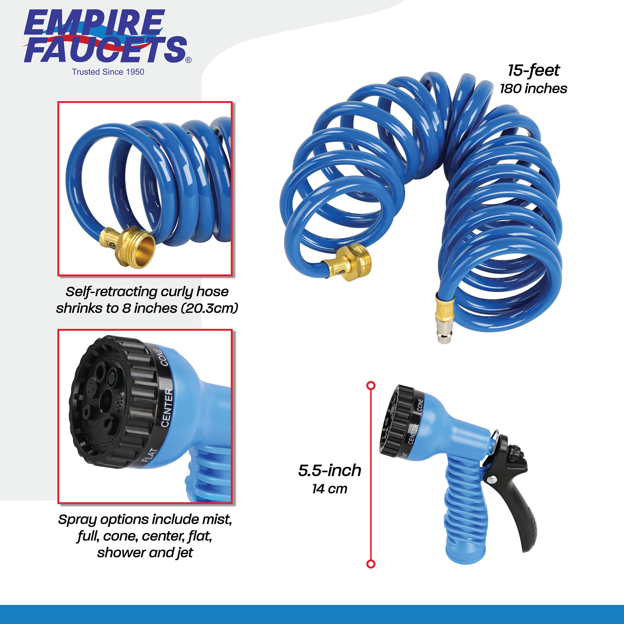 RV Potable Water Hose Set Empire Faucets - 15ft Blue Coil Hose and 7-Function Sprayer - Recoiling Spiral Water Hose