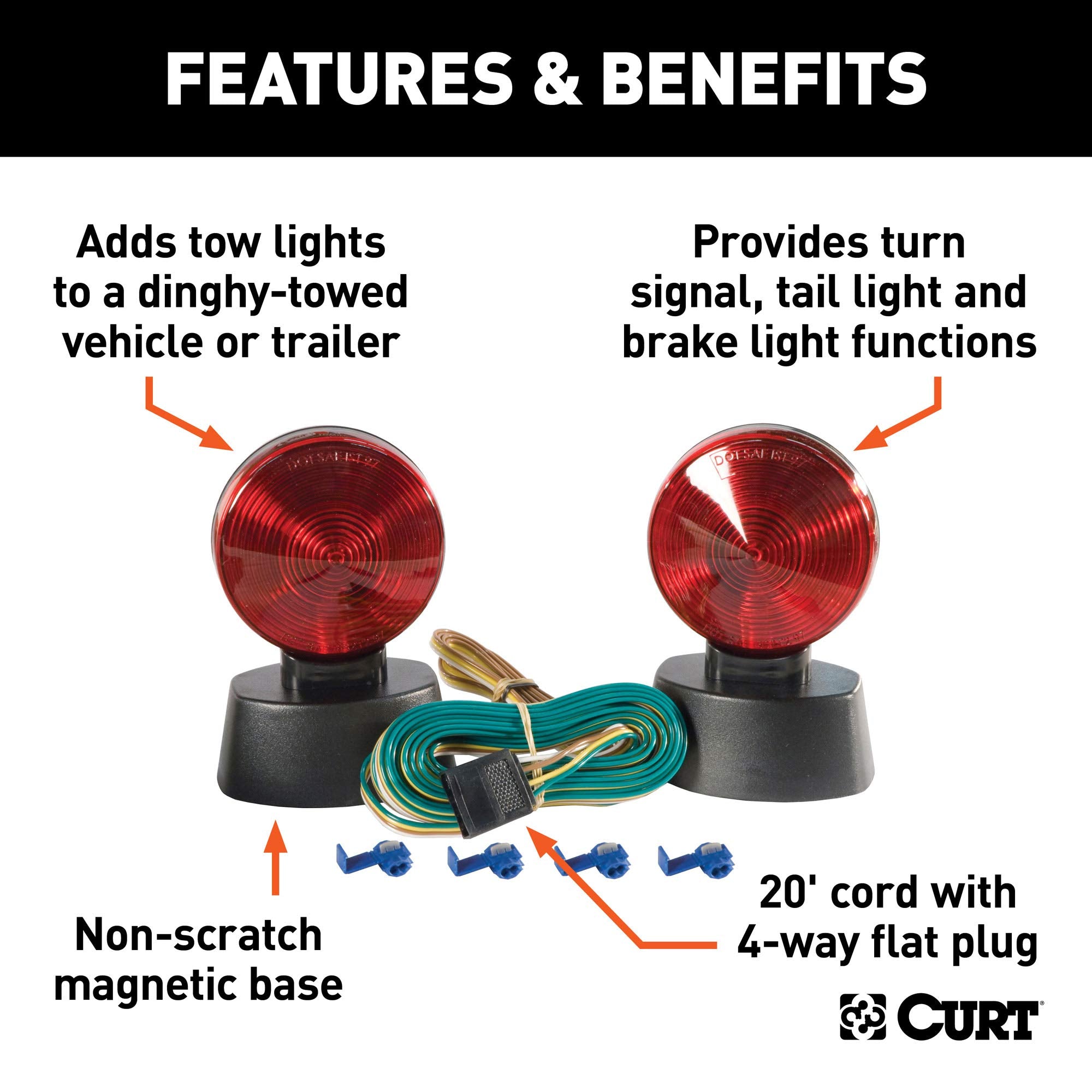 CURT Magnetic Trailer Lights for Towing Dinghy, 4-Pin Flat Plug, Stop Tail Turn, Storage Case
