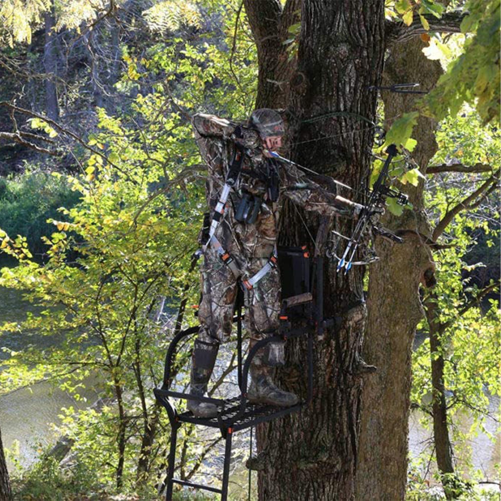 1-Person BIG GAME Ladder Tree Stand for Hunting Deer with Seat, Hunter, 18' Tall, Black - Adjustable Climbing Treestand with Platform and Safety Harness for Shooting