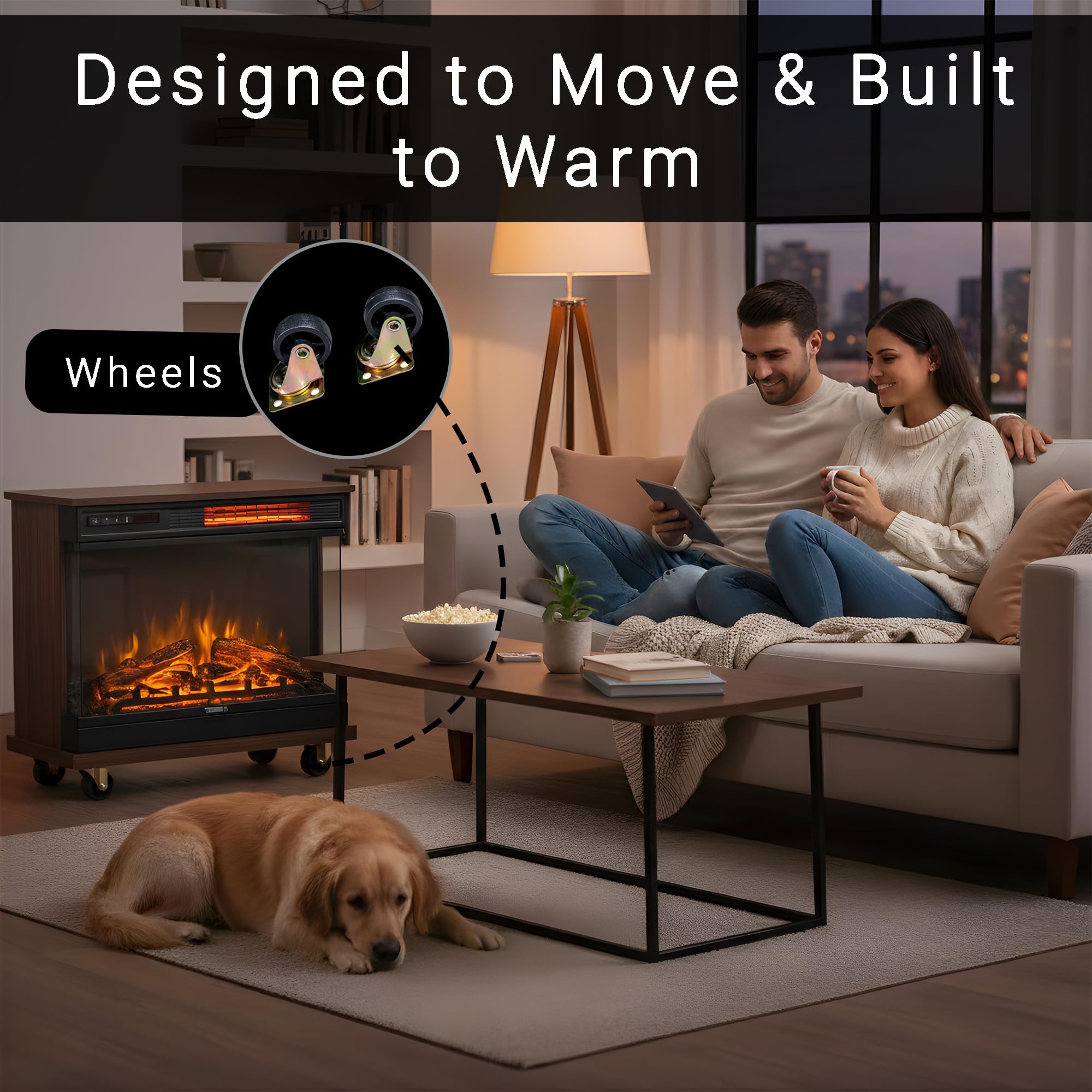Equator 26" Electric Portable/Freestanding Fireplace in Walnut Brown w/Flame Log Effect Infrared Quartz
