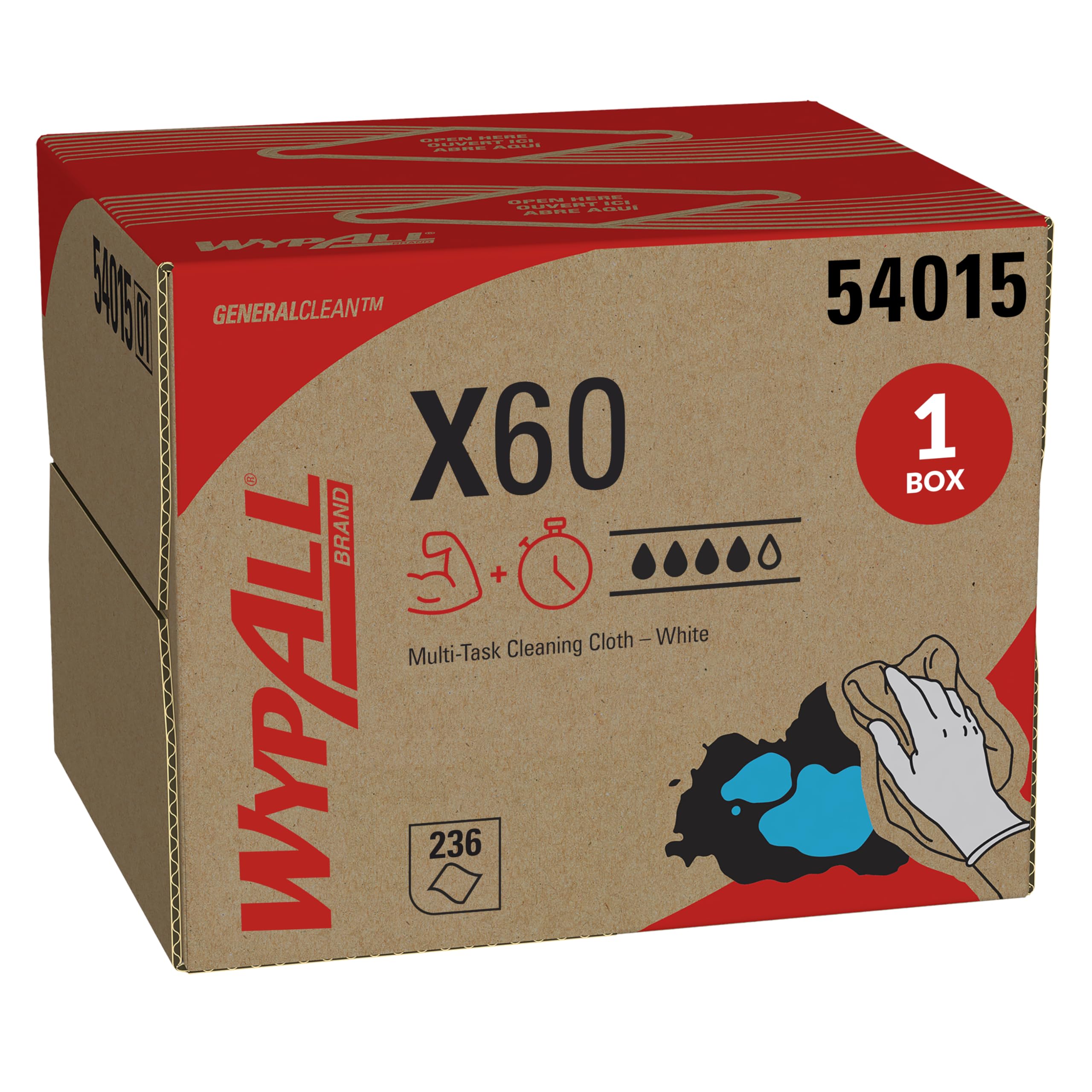 WypAll X60 GeneralClean Cloths Multi-Task Cleaning Wipes (54015), Brag Box, Strong and Absorbent Towels, White (1 Pack of 236 Sheets, 236 Sheet Total)