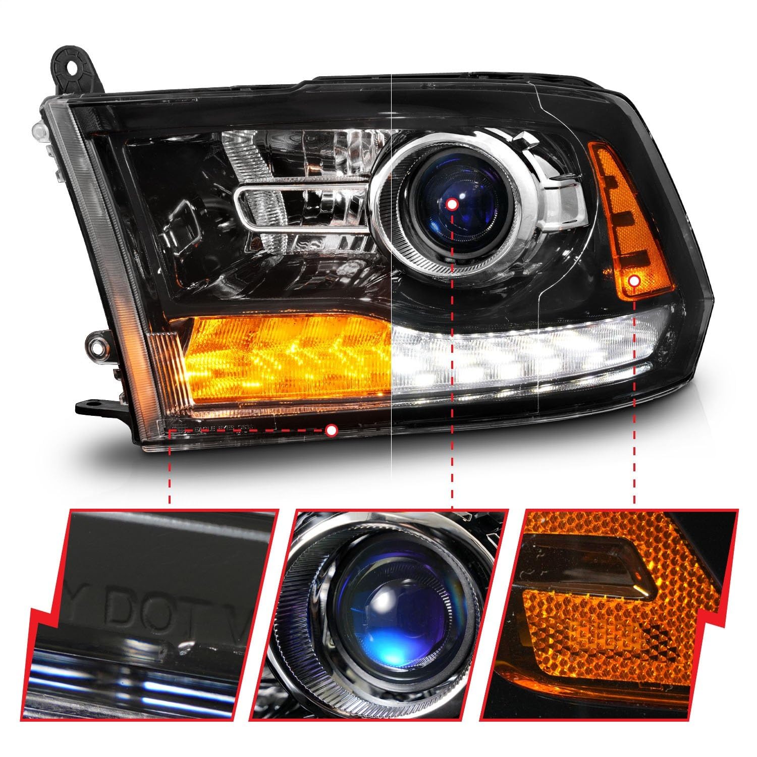 09-18 Dodge Ram 1500/2500/3500 ANZO LED Plank Style Headlights Switchback + Sequential - Hyper Black