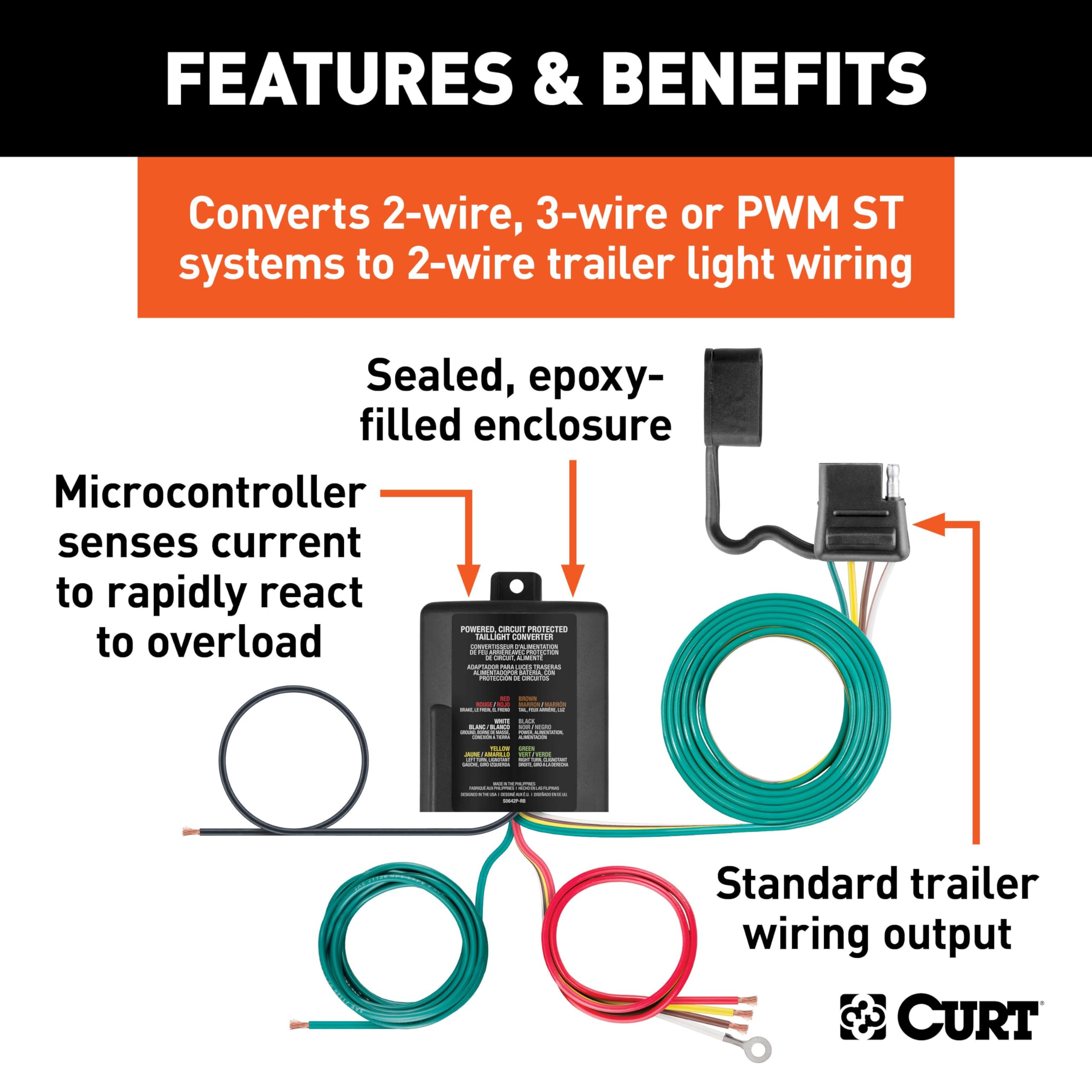 Multi-Function CURT 59236 Weather-Resistant Trailer Tail Light Converter Kit, 4-Pin Wiring Harness