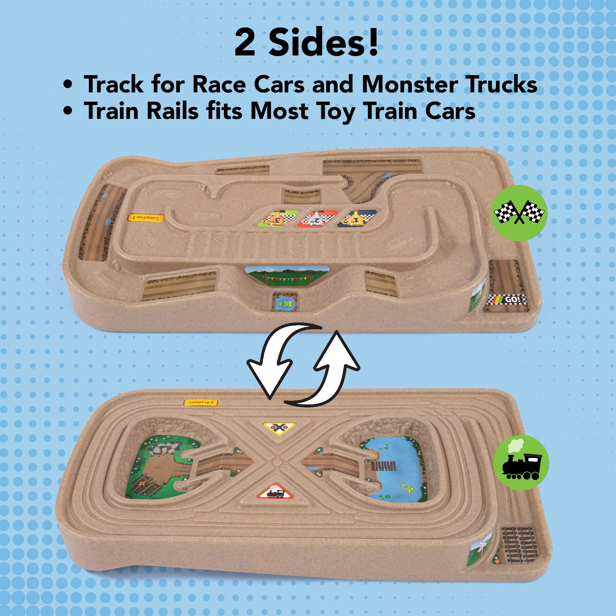 Simplay3 Kids Race Track Toy Car Train Table Portable Carry and Go, 2-Sided No Assembly for Children 3 4 5 6 7 Years Old Boys Girls, Made in USA