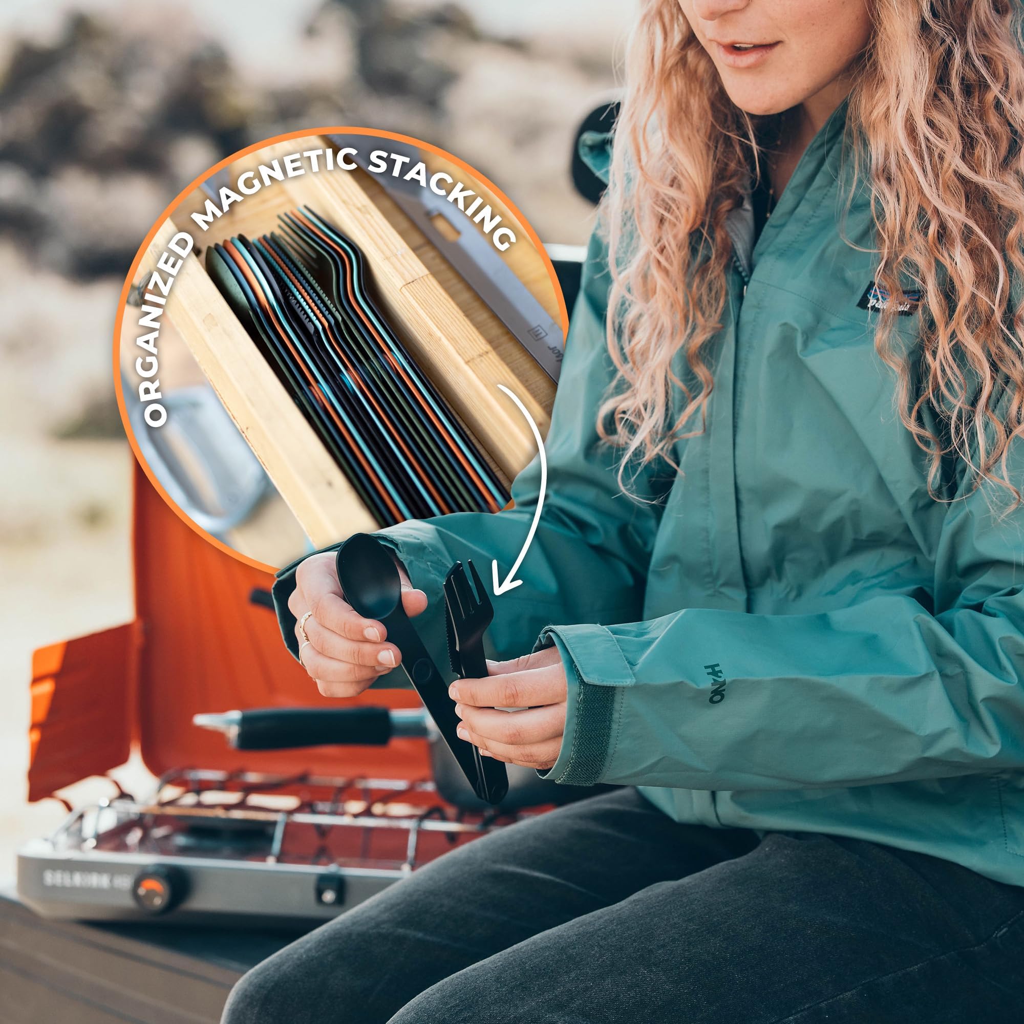 MAGWARE - FULL WINDSOR Magnetic Camping Cutlery Set - Travel Utensils for Camping, Cooking, and Outdoor Dining - Knife, Fork & Spoon - Portable Silverware with Pouch - Blue (3 PCS)