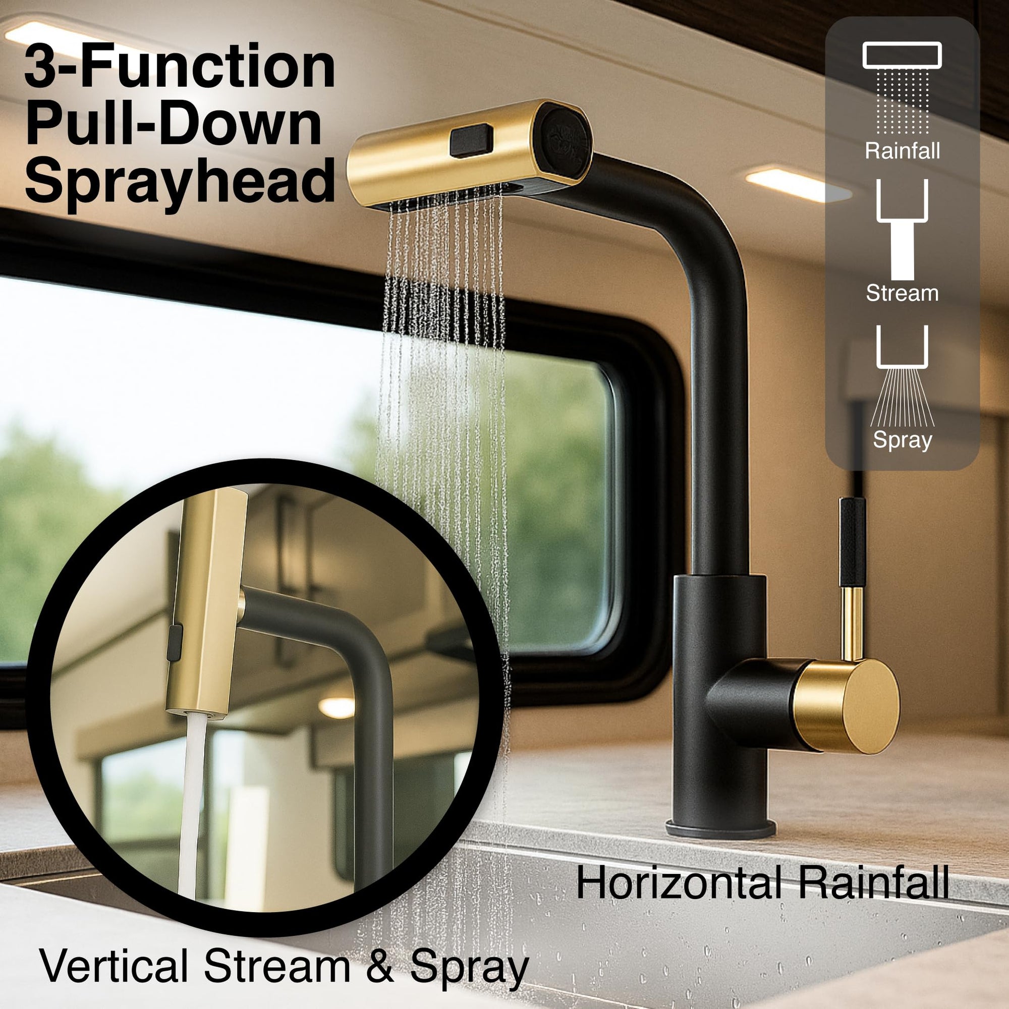 Dura Faucet Rainfall (DF-MK511X-MBMG) RV Kitchen Faucet – Matte Black/Matte Gold, Dual-Mode Rotating Spray Head (Wide Waterfall & Stream), Single Lever Handle, Lead-Free, Easy Install Sink Faucet