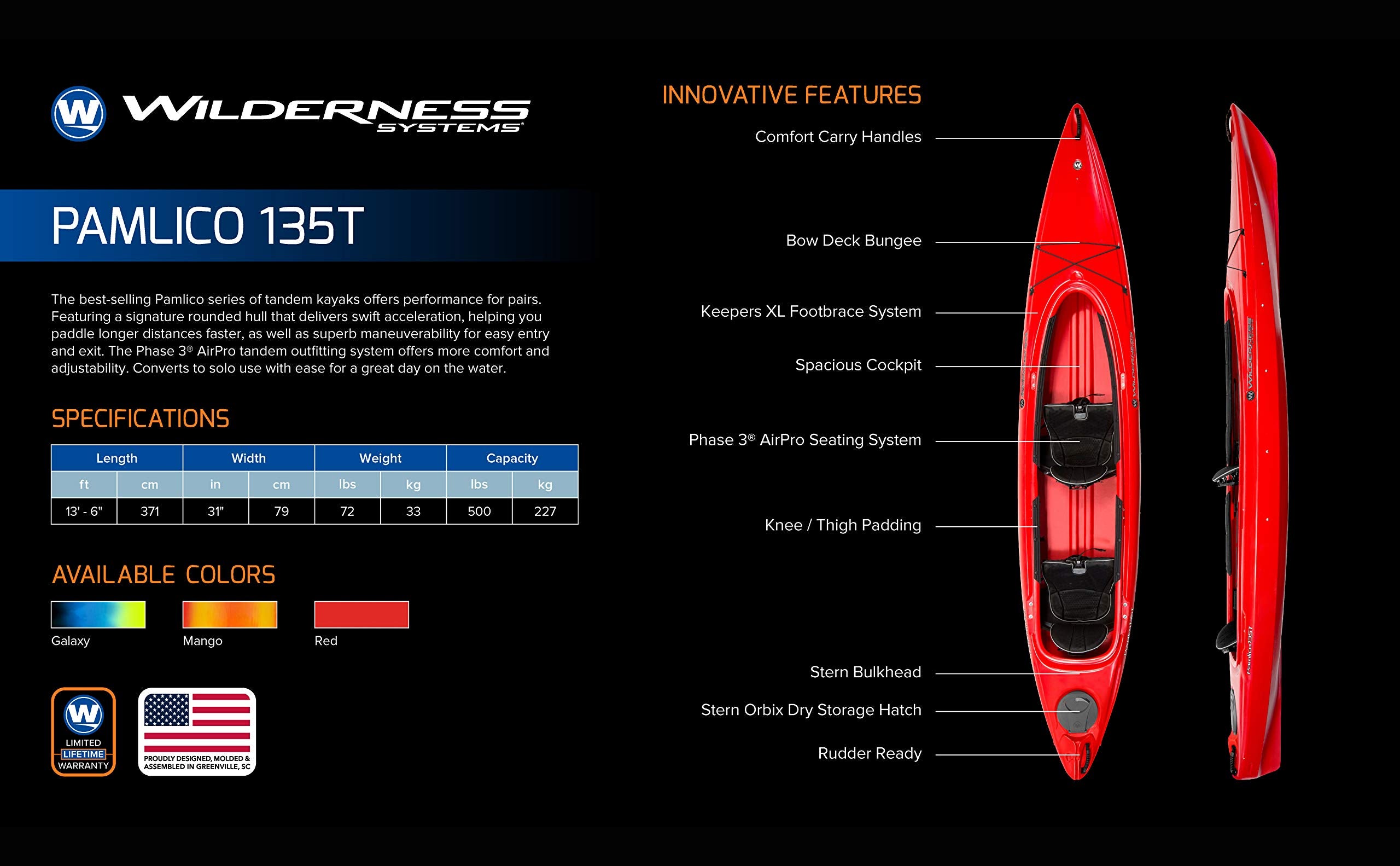 Pamlico 135 Wilderness Systems | Sit Inside Recreational Kayak | Tandem Kayak | 13' 6" | Galaxy