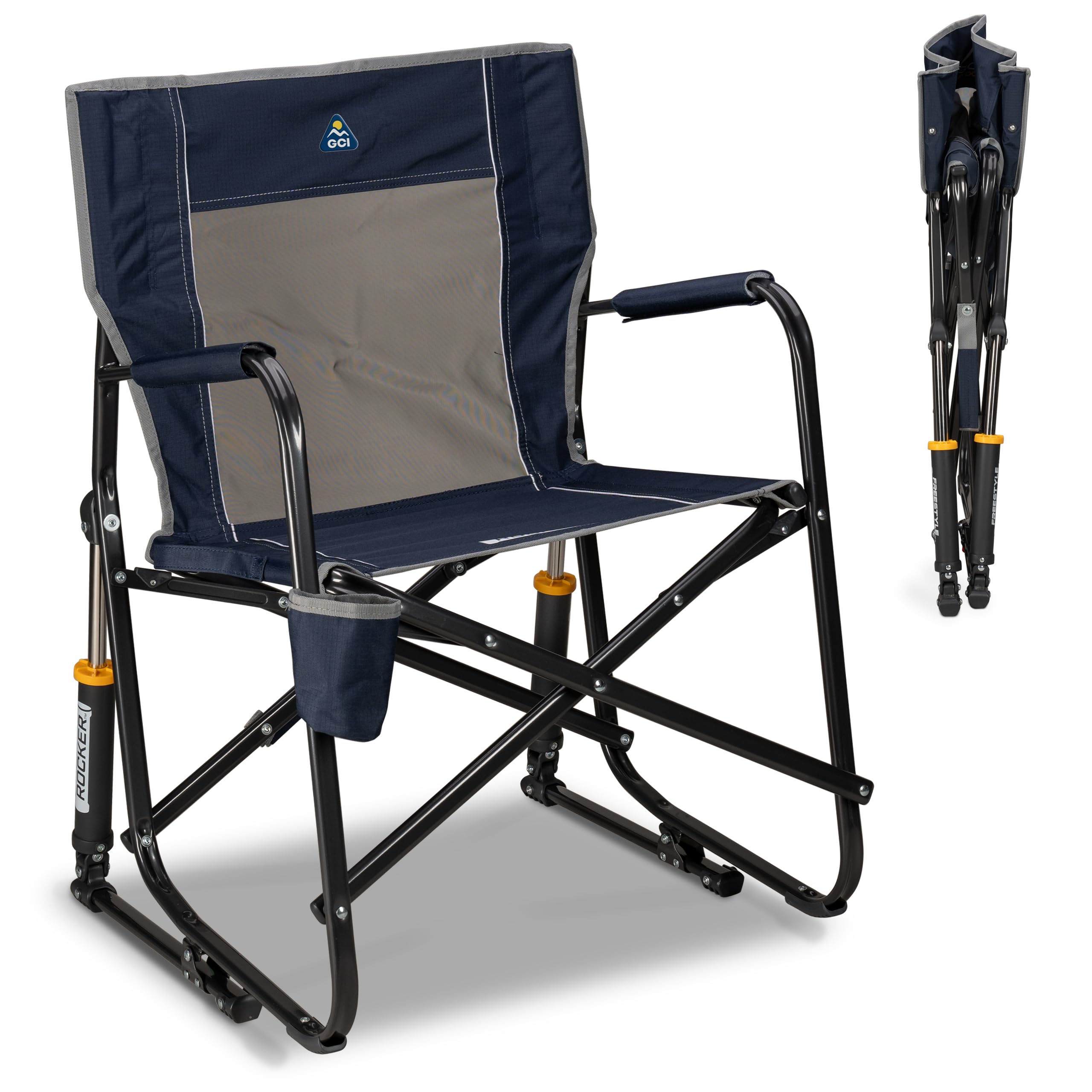 GCI Outdoor Camping Chair Freestyle Rocker | Portable Folding Rocking Chair with Solid, Durable Armrests, Drink Holder & Comfortable Backrest — Indigo Blue