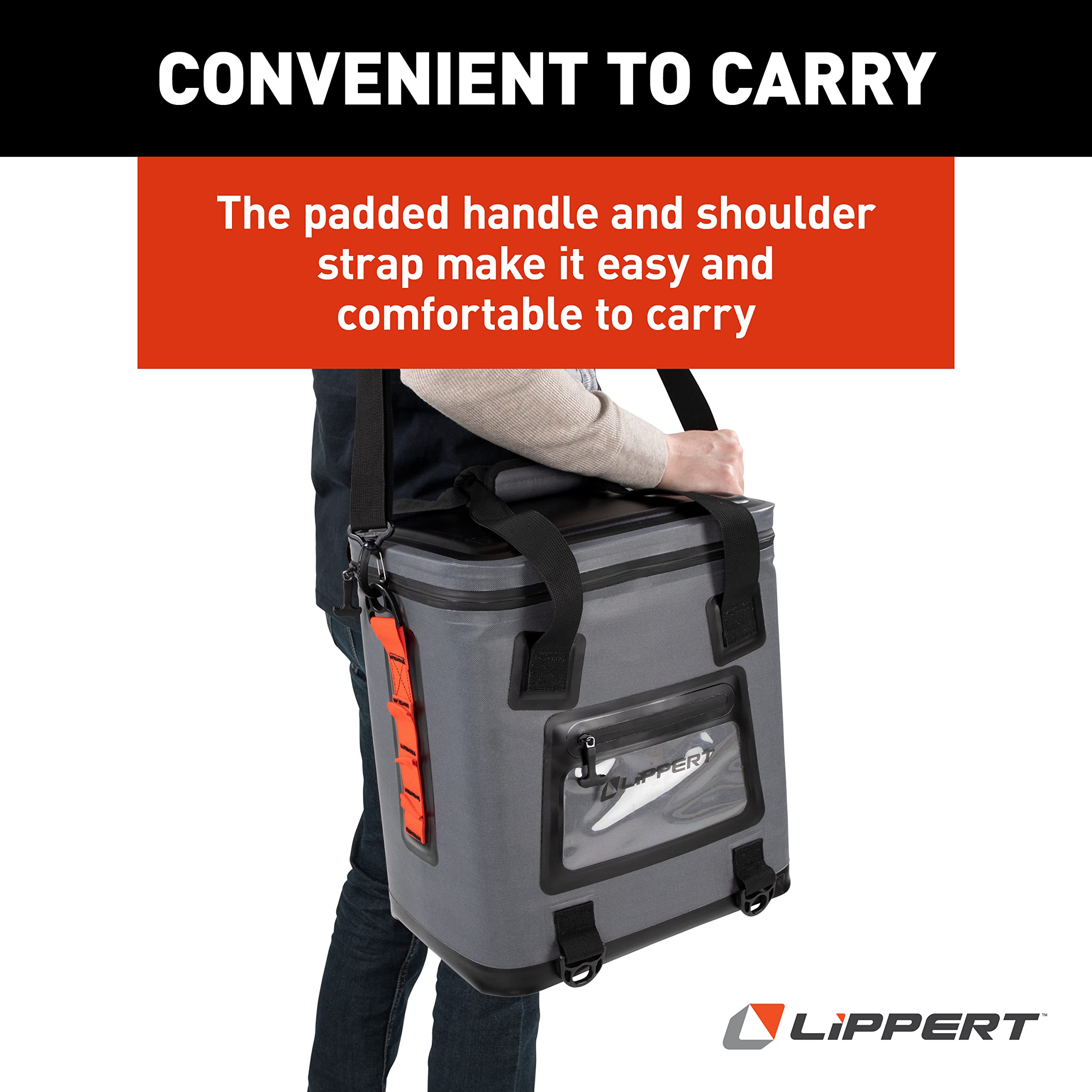 Lippert 24-Can Adventure Pro Soft Insulated Cooler Tote Bag, Up to 15 lbs. of Ice, 18 Quarts of Water, 14" x 10-1/2" x 15-1/4" Wide Mouth Opening, Padded Handle & Shoulder Strap - 2021099915