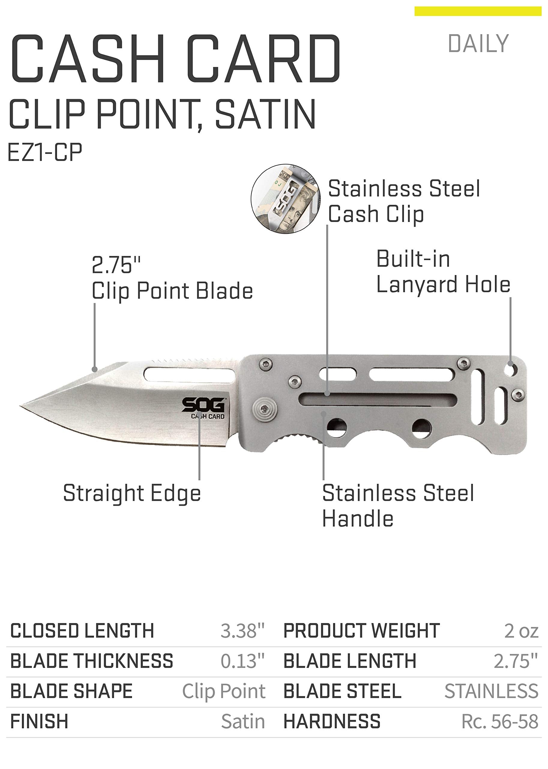 SOG Money Clip Cash Card Pocket Knife- 2.75 Inch Blade EDC Knife with Clip for Pocket, Money or Card Holder, Stainless Steel Handle with Built-In Lanyard Hole (EZ1-CP), Onesize, Satin Polished