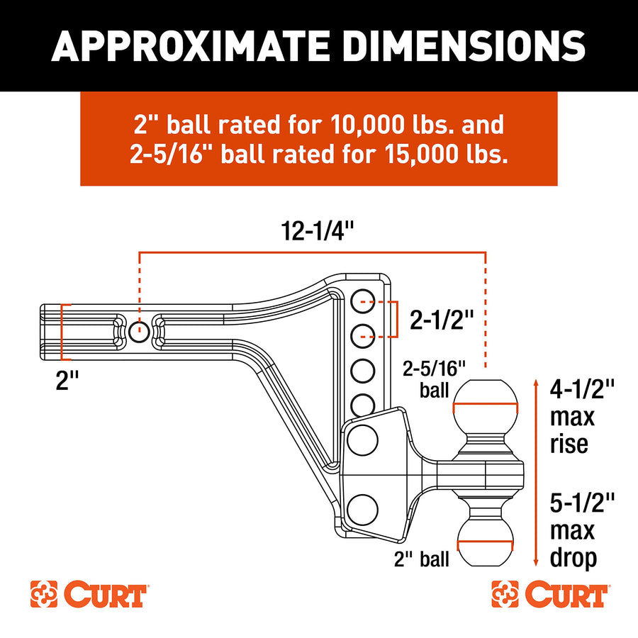 CURT Adjustable Trailer Hitch Ball Mount with Dual Ball, 2" Shank, Up to 15,000 lbs 45935