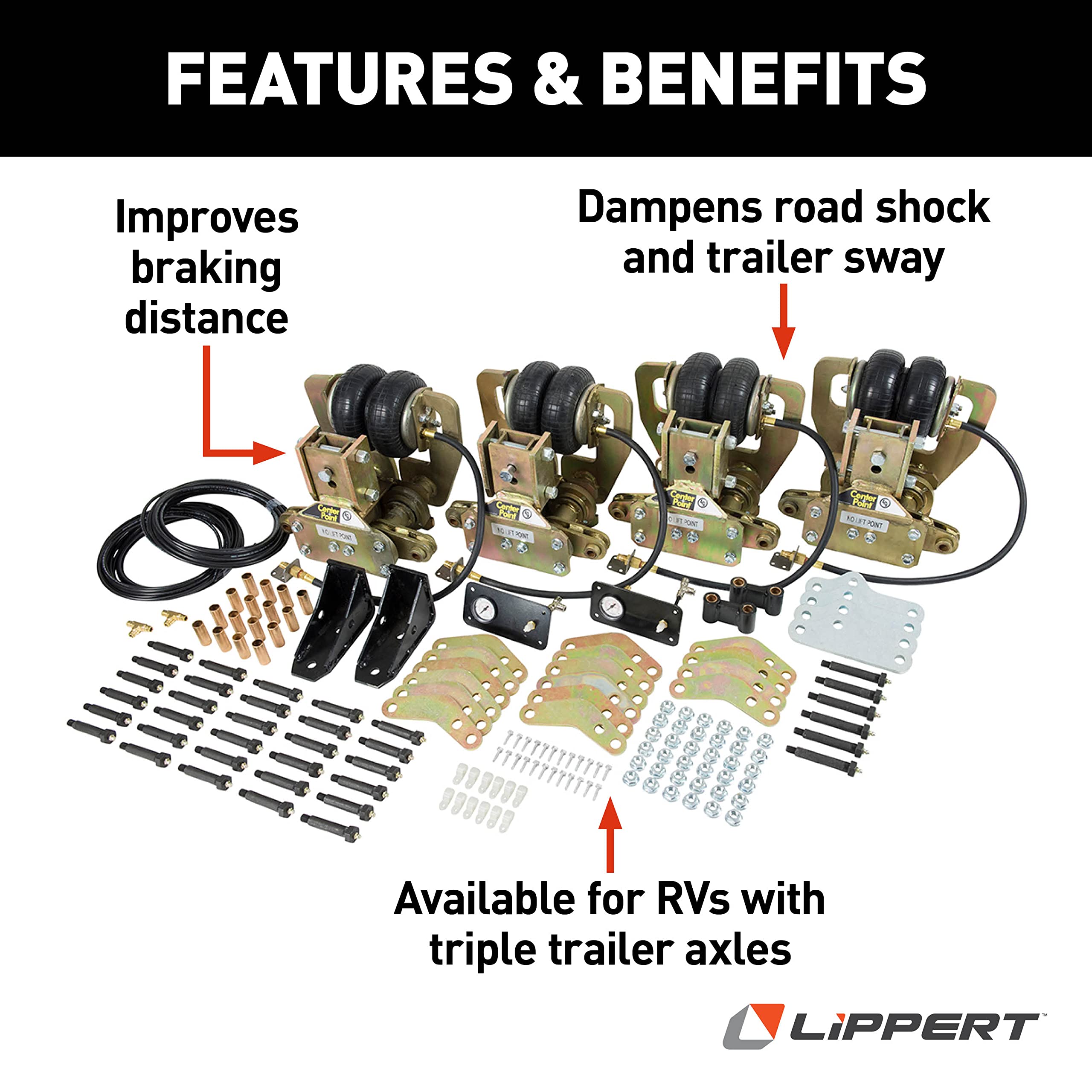 Lippert Air-Ride Center Point RV Suspension System with Triple Axle Configuration for Road Shock/Vibration Absorption and Improved Braking Distance on Travel Trailers - 1565401