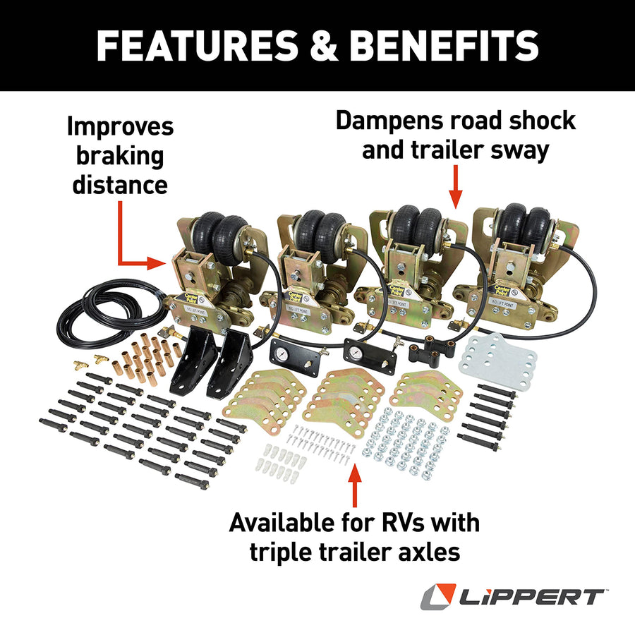 Lippert Air-Ride Center Point RV Suspension System with Triple Axle Configuration for Road Shock/Vibration Absorption and Improved Braking Distance on Travel Trailers - 1565401