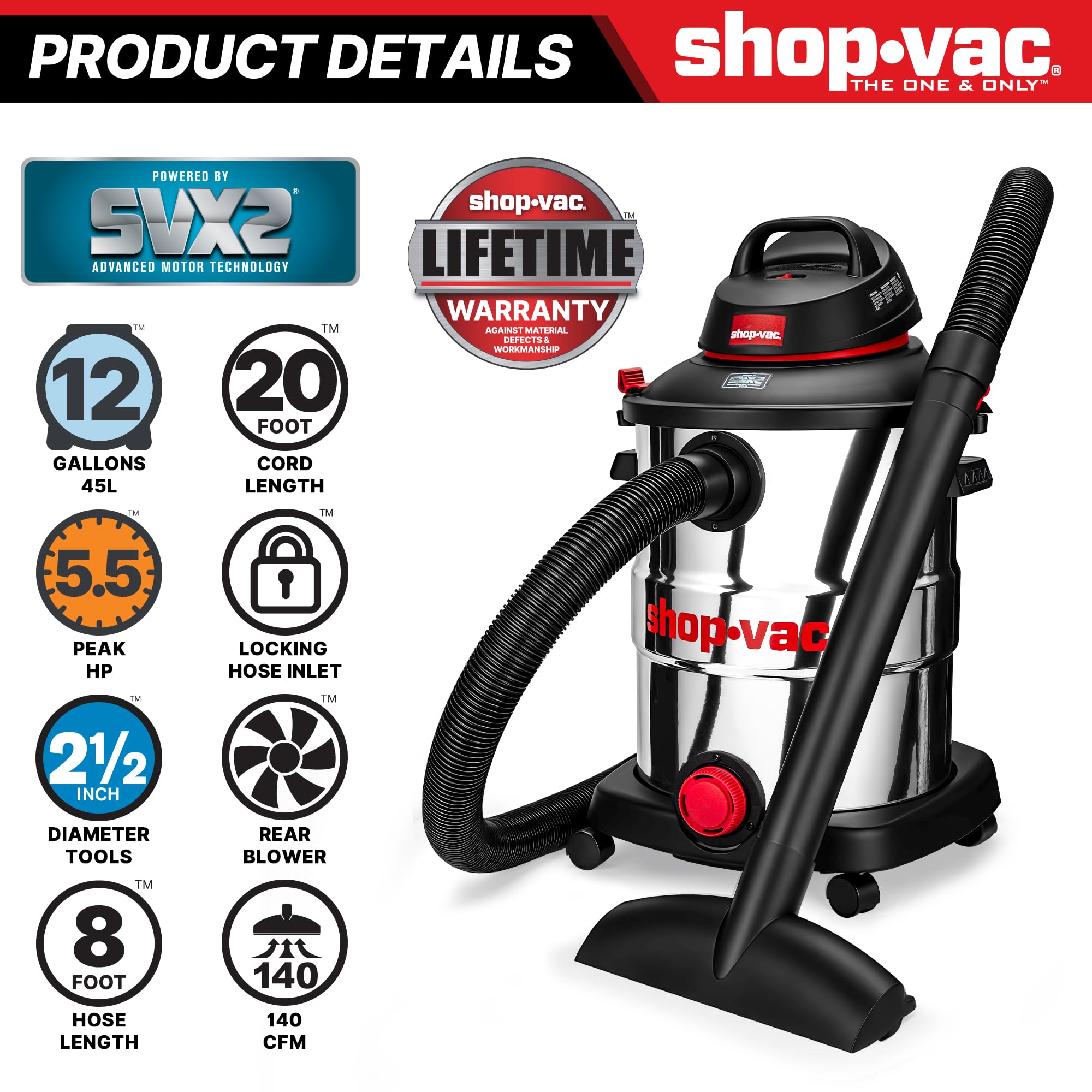 12 Gallon Shop-Vac Wet/Dry Vacuum, 5.5 Peak HP, SVX2 Motor, Stainless Steel Tank, 2.5 Inch Diameter x 8 Ft Hose, 20 Ft Cord, Blower Feature with Accessories