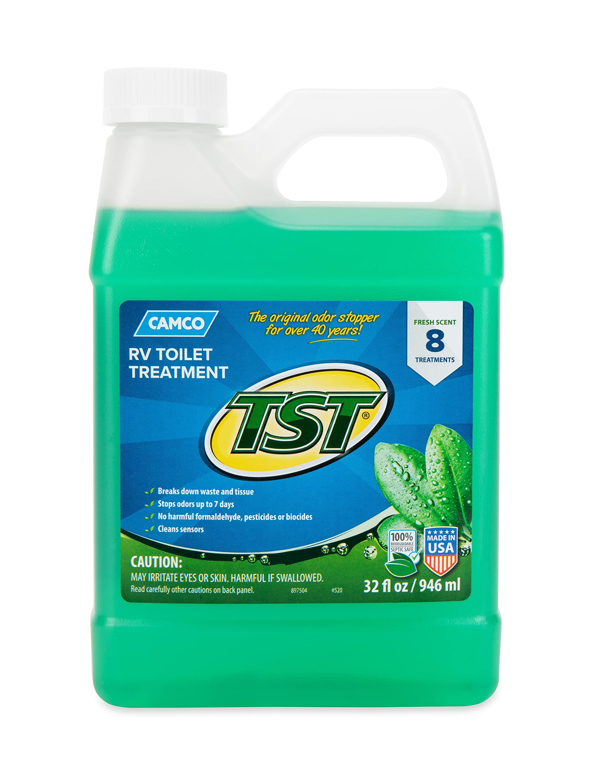 Camco TST RV Toilet Treatment Fresh Scent - Formaldehyde Free - Breaks Down Waste And Tissue - Septic Tank Safe - Treats up to 8-40 Gallon Holding Tanks (32 Ounce Bottle) (40226)