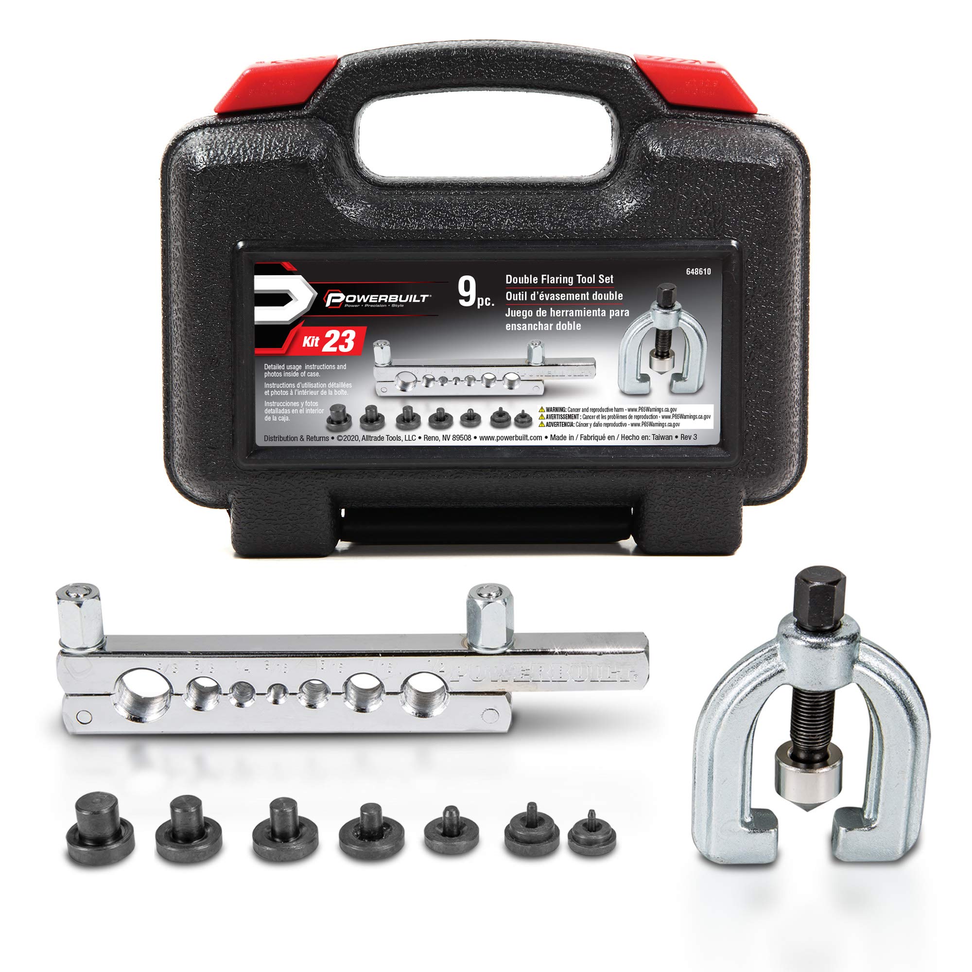 9 Piece Powerbuilt Double Flaring Tool Set, Use on Copper, Aluminum, Soft Steel Brake Line and Brass Tubing, Storage Case - 648610
