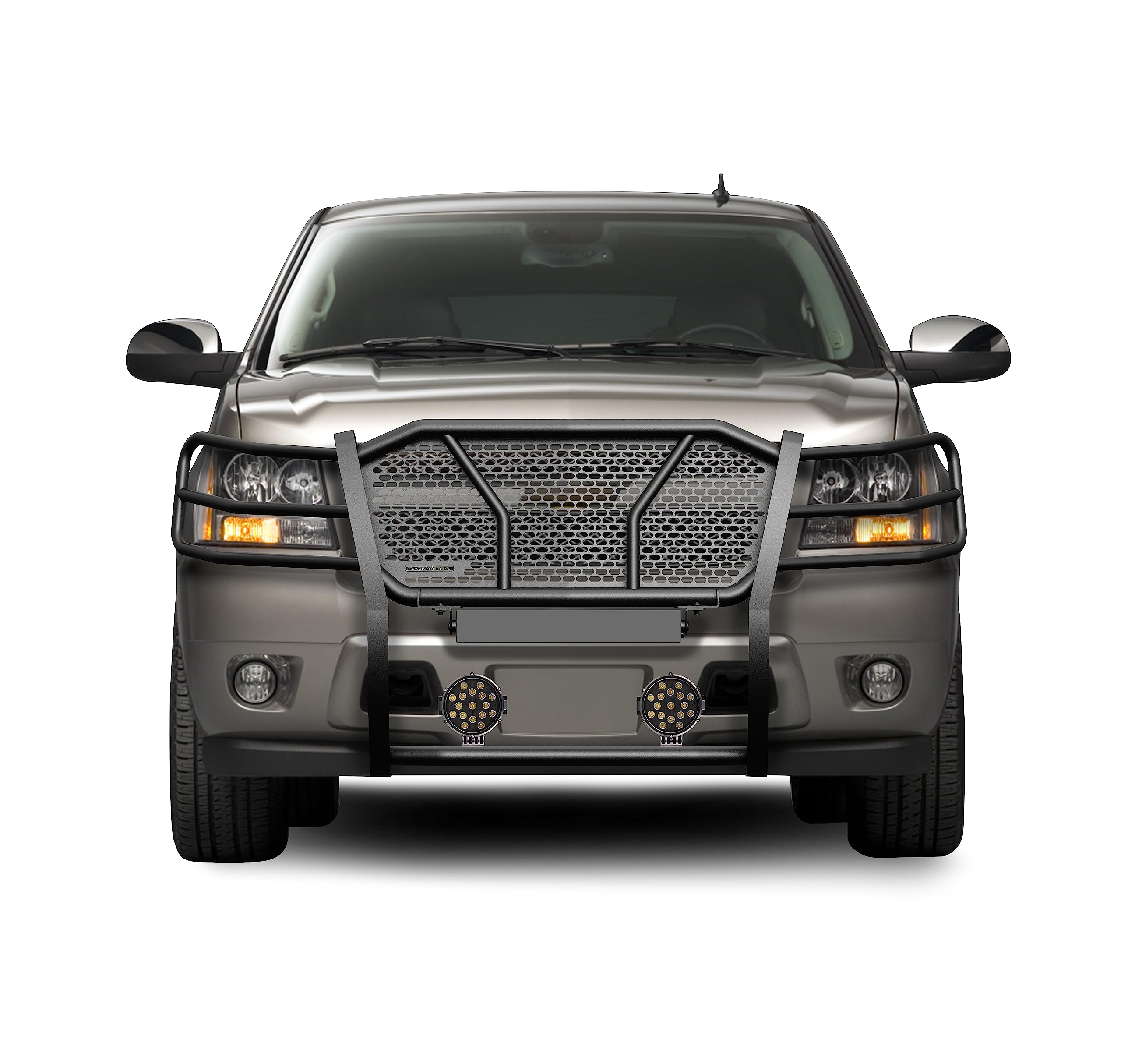 Heavy Duty Black Horse Rugged Grille Brush Bumper Guard Modular Black Come with Pair of 7.0" LED Lights Compatible with 2007-2014 Tahoe/Suburban 1500|2007-2013 Avalanche-RU-CHTA07-B-PLB