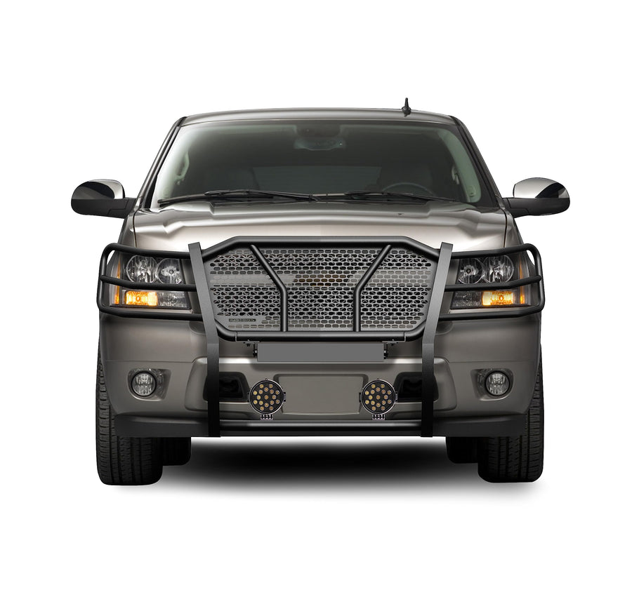Heavy Duty Black Horse Rugged Grille Brush Bumper Guard Modular Black Come with Pair of 7.0" LED Lights Compatible with 2007-2014 Tahoe/Suburban 1500|2007-2013 Avalanche-RU-CHTA07-B-PLB