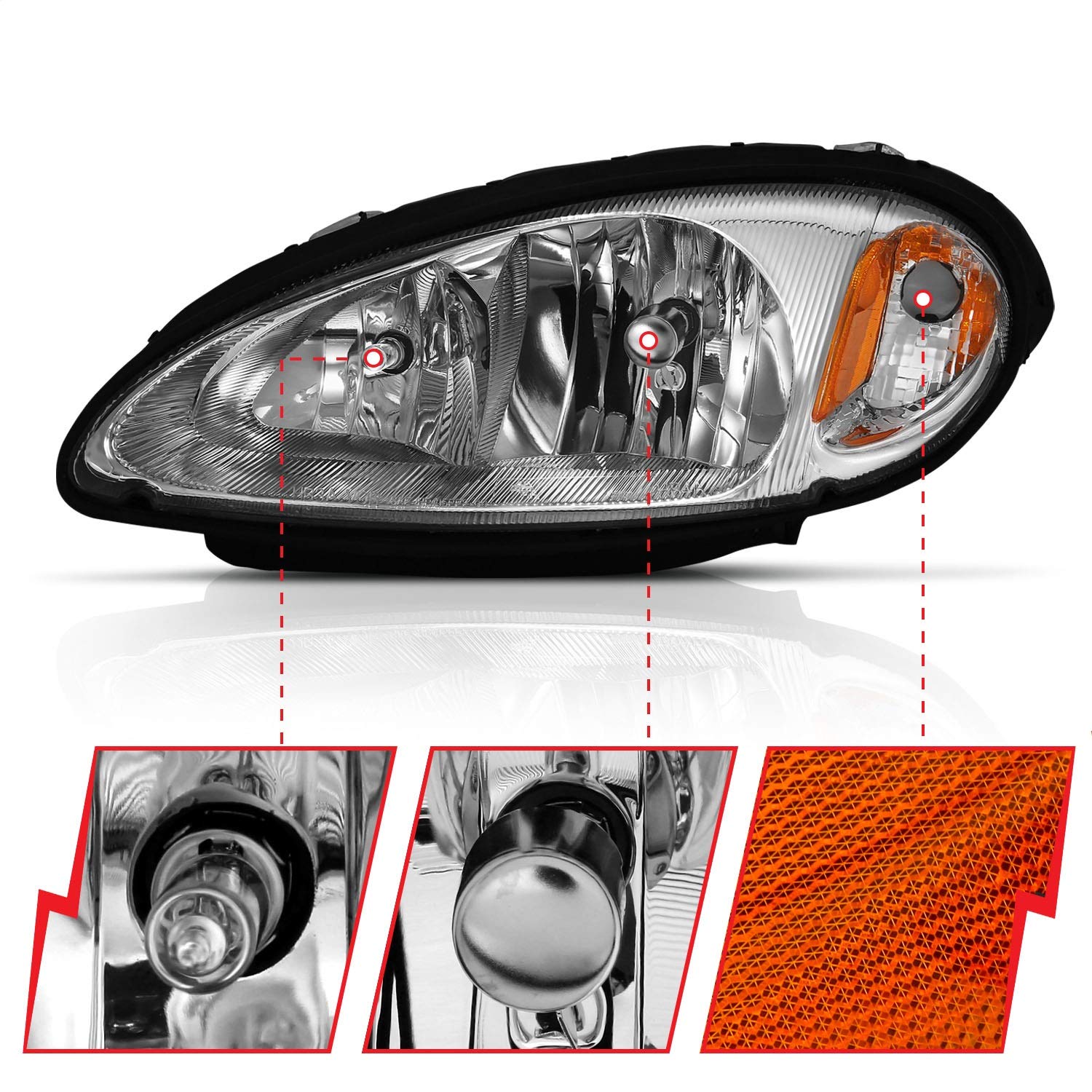 2001-2005 Chrysler Pt Cruiser ANZO (111472) Crystal Headlight Chrome Amber (OE)