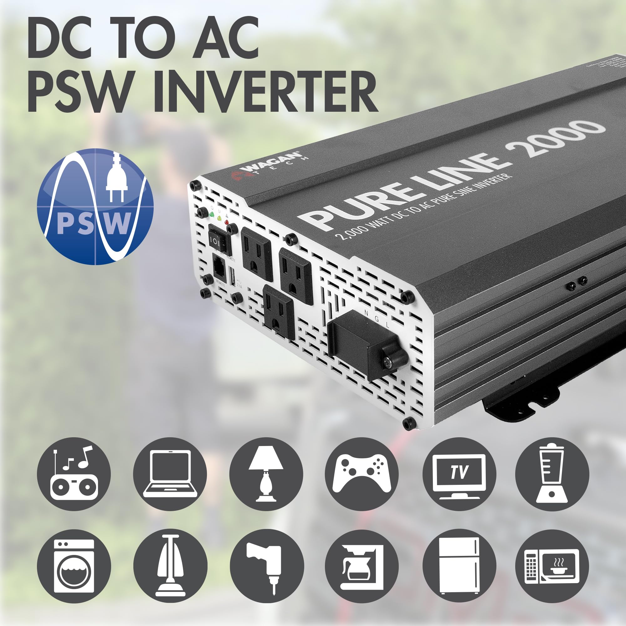 Wagan Pure Line EL3808 Power Inverter 2000 Watt DC 12V to 110V AC Car Pure Sine Wave Power Inverter for Home RV Camping Van Life Off Grid ETL Certified