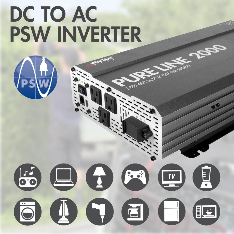 Wagan Pure Line EL3808 Power Inverter 2000 Watt DC 12V to 110V AC Car Pure Sine Wave Power Inverter for Home RV Camping Van Life Off Grid ETL Certified