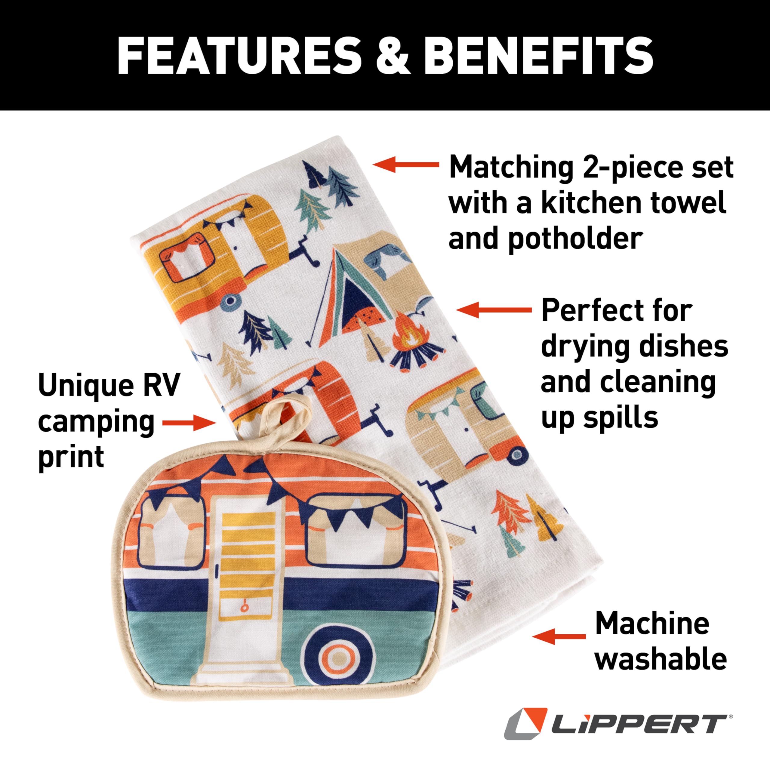 2-Piece Lippert Kitchen Towel & Potholder Set with Unique RV Camping Print, Machine Washable Fabric, Great Gift for Campers - 2023051697