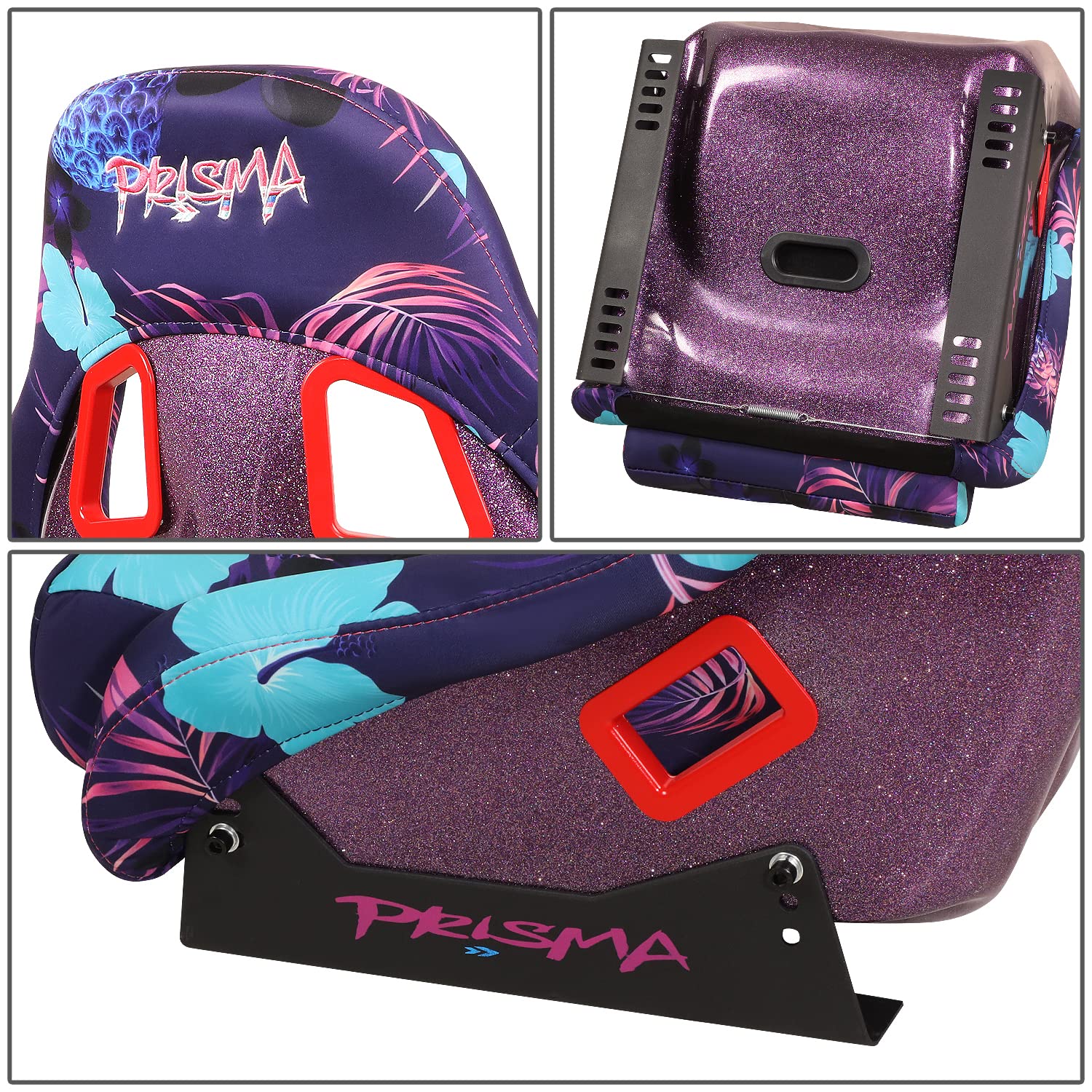 NRG Innovations Prisma FRP-303-PINA Fixed Back Bucket Racing Seat with Bottom Mount Bracket, Invert Tropical Print/Purple Sparkled Paint Back
