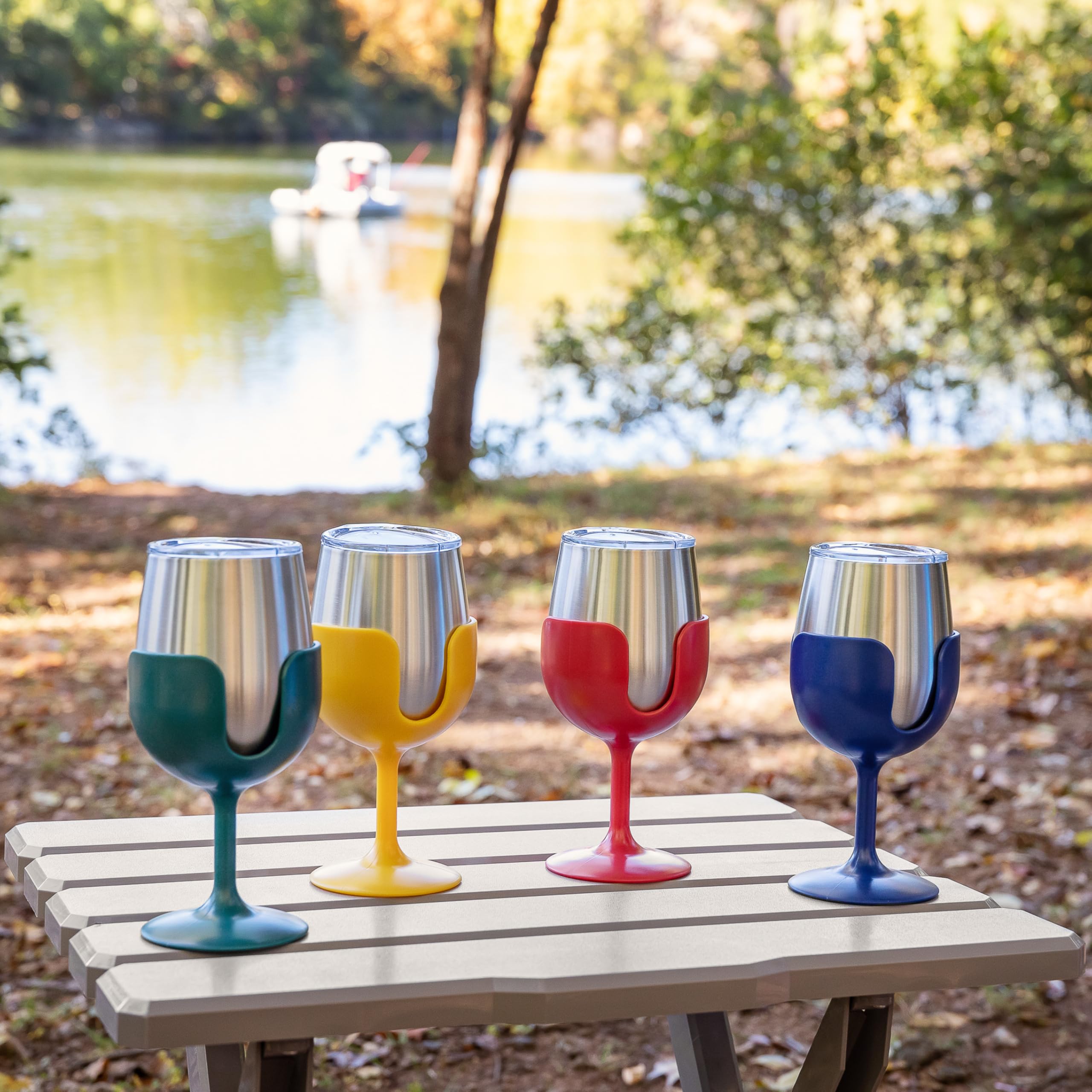 Camco Stainless Steel Wine Tumbler Life is Better at The Campsite 4-Pack - Features Heavy Duty Double Wall Vacuum Insulation & Removable Navy, Red, Green & Yellow Stems - Holds 8-oz Each (53465)