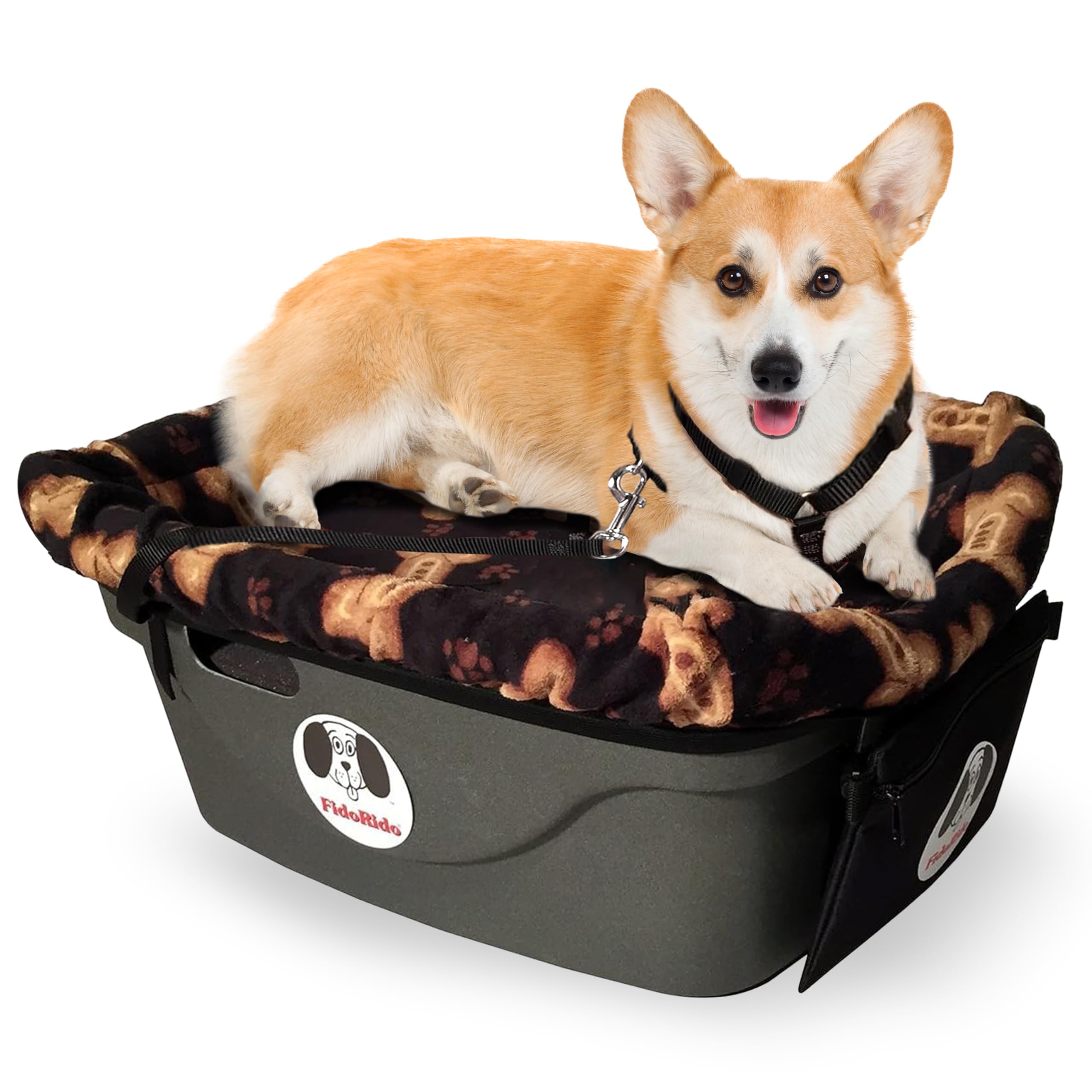 Dog Car Seat FidoRido - Booster Seat for Small to Large Dogs with Comfortable Cushions, Sherpa Cover, and Safety Straps, Easy to Install, Ideal for Travel, Black with Tan Bones - Small Harness