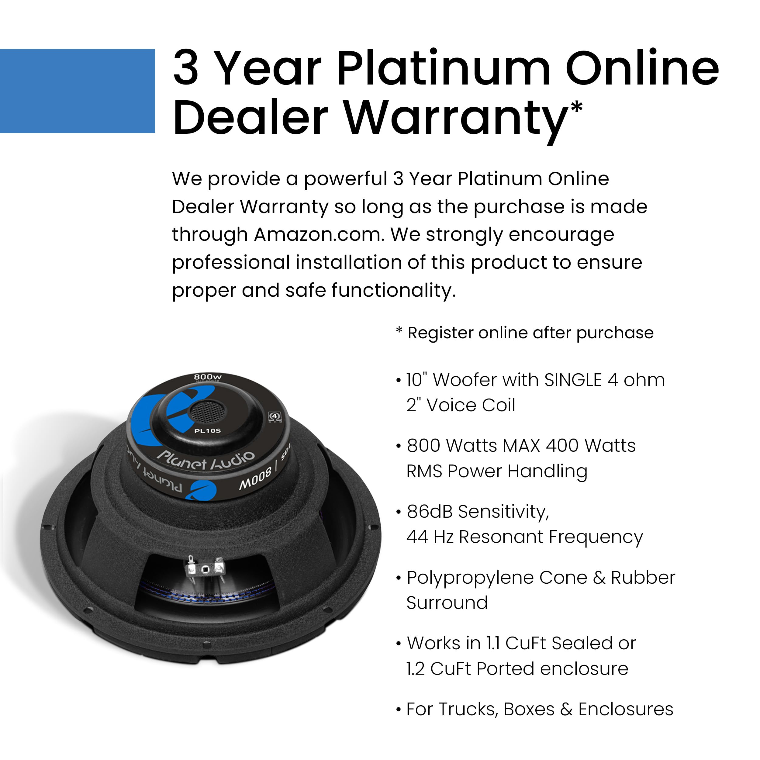 Planet Audio Anarchy Series PL10S 10 Inch Car Subwoofer - 800 Watts Max, Single 4 Ohm Voice Coil, Sold Individually, Hook Up to Amp