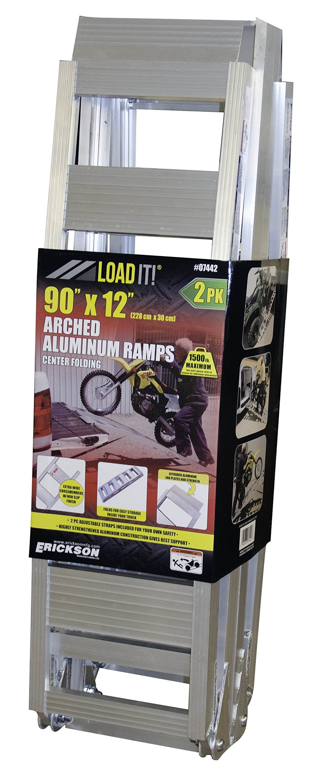 Folding Arched Aluminum Ramp Erickson 07442 (12" x 90" Long, 750lb Rated per ramp), 2 Pack, Black