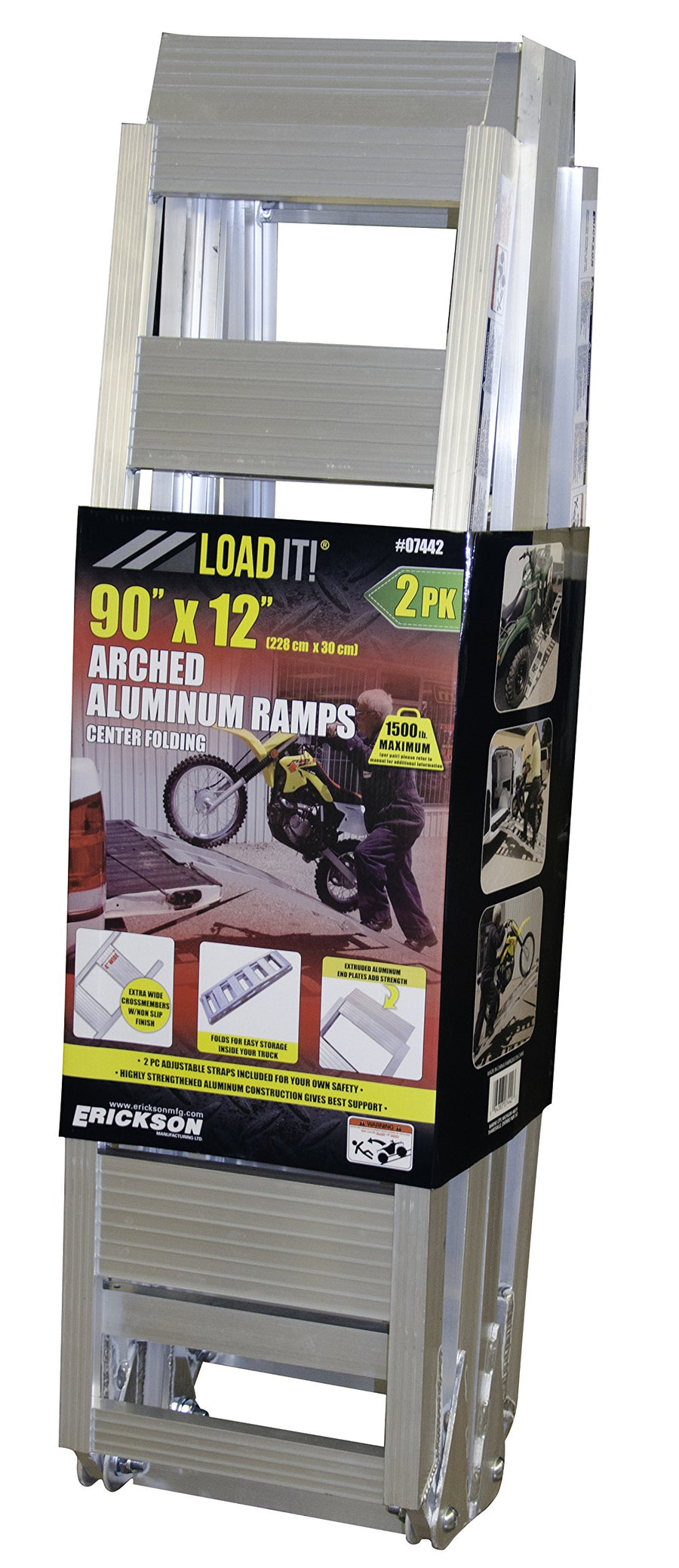 Folding Arched Aluminum Ramp Erickson 07442 (12" x 90" Long, 750lb Rated per ramp), 2 Pack, Black
