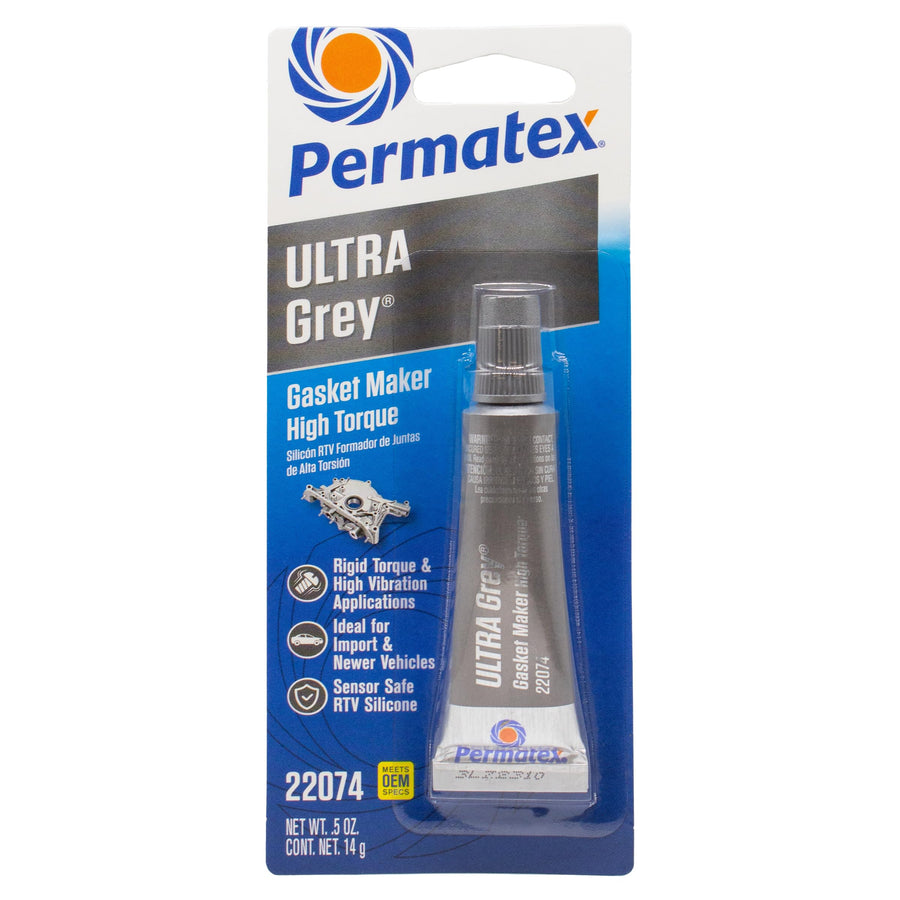 Ultra Grey Permatex 22074 Rigid High-Torque RTV Silicone Gasket Maker, Sensor Safe And Non-Corrosive, For High Torque And Vibration Resistant Applications, 0.5 oz