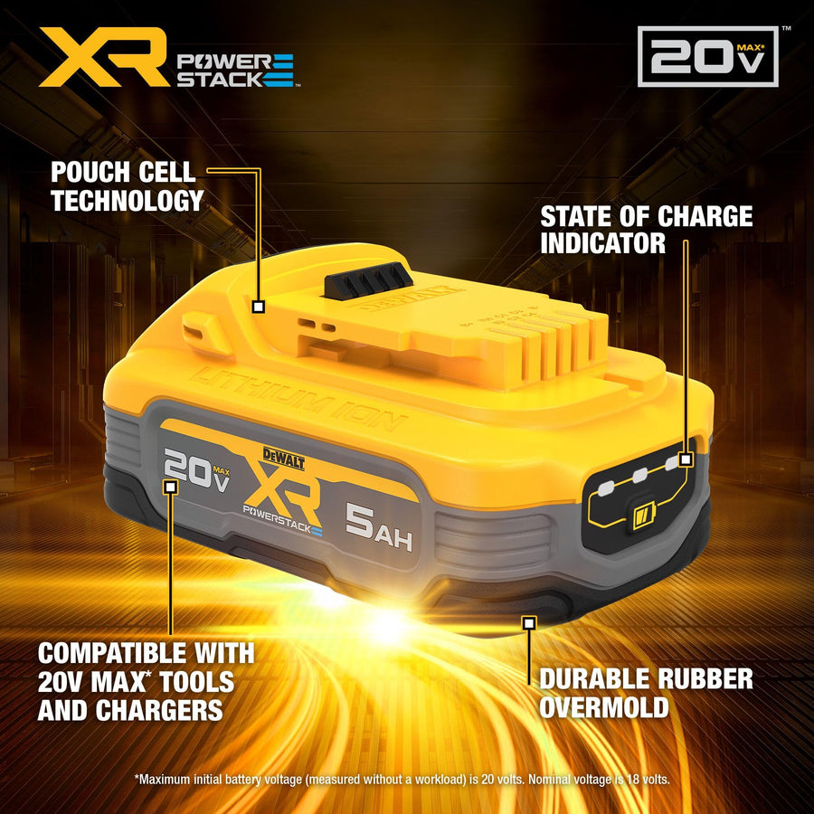 DEWALT POWERSTACK 20V MAX Battery, More Power More Compact, Rechargeable 5Ah Lithium Ion Battery (DCBP520)