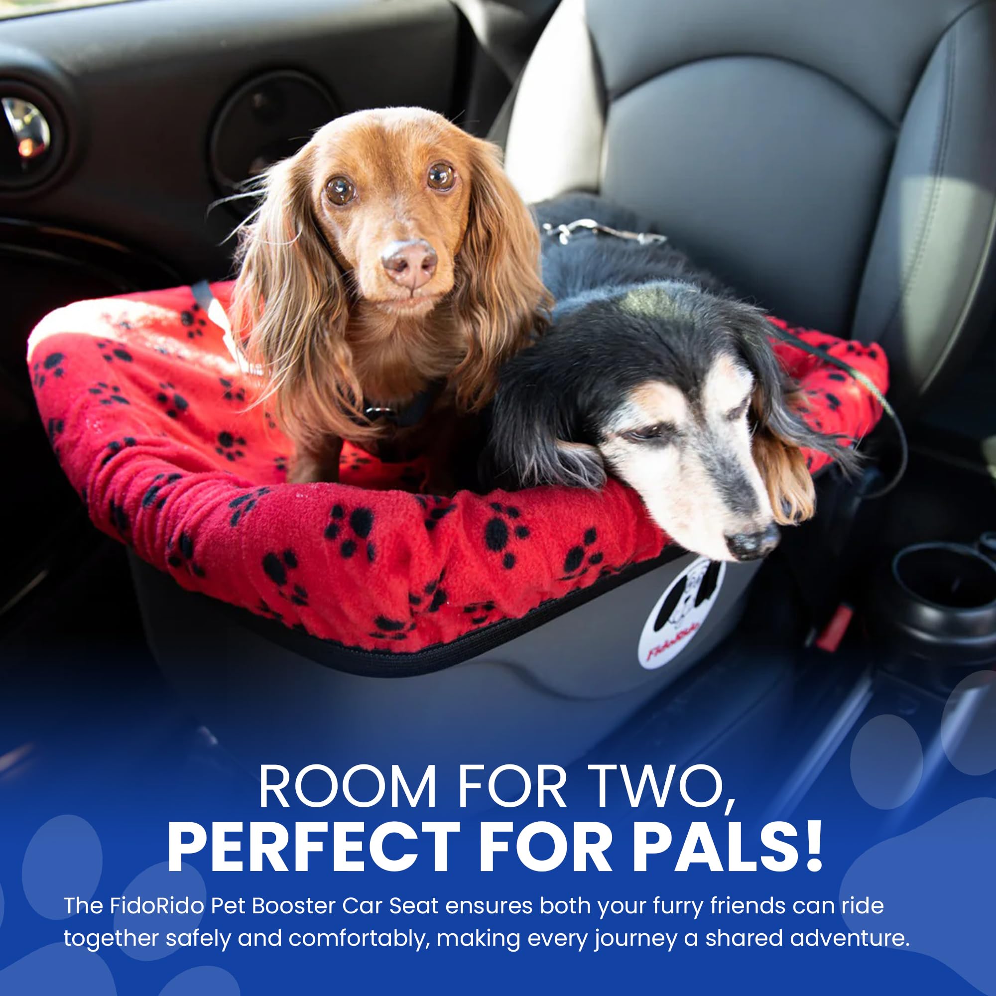 Dog Car Seat FidoRido - Pet Booster Seat for Small to Large Dogs with Comfortable Cushions, Sherpa Cover, and Safety Straps, Easy to Install, Ideal for Travel, Red, Black Paw Prints - Medium Harness