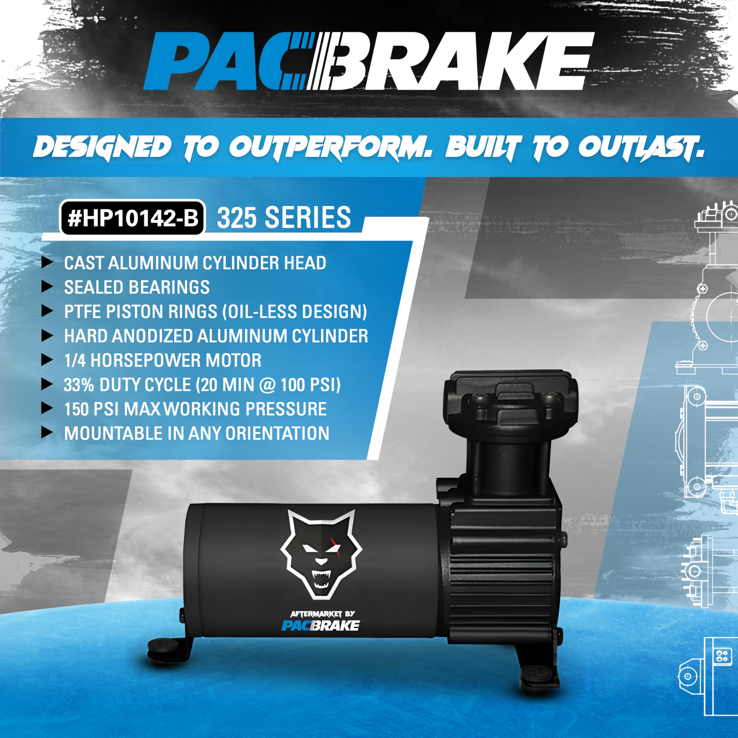 Pacbrake Basic Air Compressor Kit HP10142-B Matte Black | Includes Installation Hardware | Oil-less Design | Heavy-Duty Construction | 150 PSI Max Working Pressure | 33% Max Duty Cycle