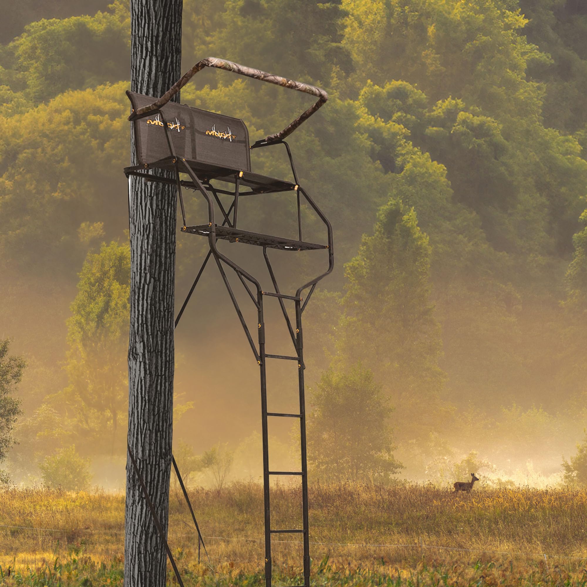 Double Droptine MUDDY Deer Hunting Ladderstand, 2 Person Climbing Tree Stand with Flex-Tek Seat and Padded Adjustable Shooting Rail