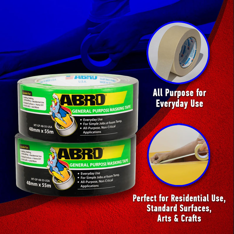 Masking Tape ABRO, 24mm x 55M, All Purpose Green Masking Tape for Temporary Labeling and Marking, Easy Tear, Clean Removal, Painters Tape for DIY and Professional Uses - Green