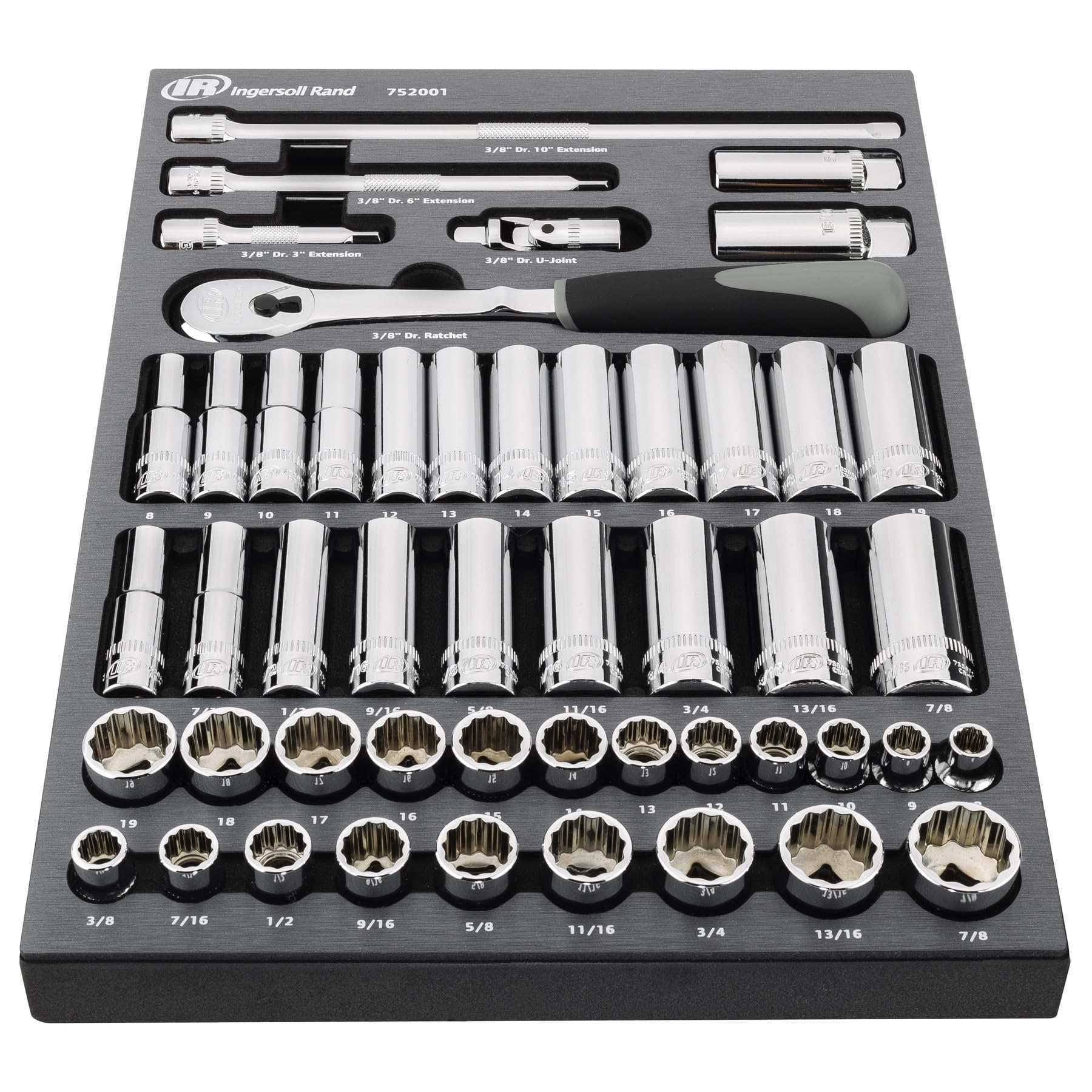 Ingersoll Rand 49-Piece SAE/Metric 3/8-Inch Drive Master Socket and Accessory Set, Includes 90-Tooth Ratchet, Extensions, U-Joint, Magnetic Spark Plug Sockets & EVA Tray – 752001