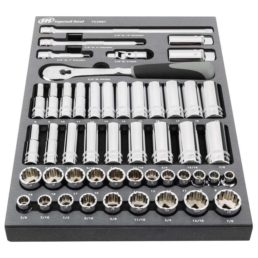 Ingersoll Rand 49-Piece SAE/Metric 3/8-Inch Drive Master Socket and Accessory Set, Includes 90-Tooth Ratchet, Extensions, U-Joint, Magnetic Spark Plug Sockets & EVA Tray – 752001
