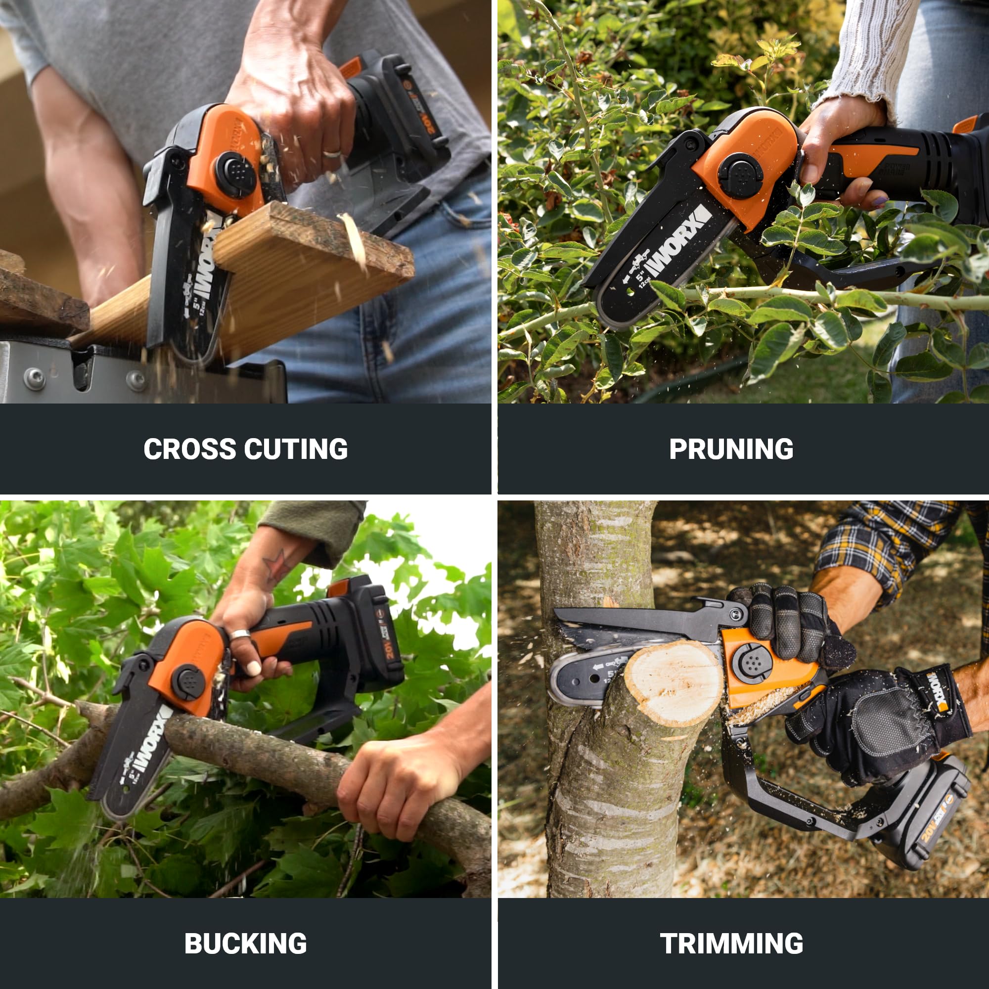 20V Worx 5" Mini Cordless Chainsaw, 3.9 lbs, 22 ft/s Chain Speed, Power Share Battery, Upper & Hand Guard WG324 - Battery & Charger Included
