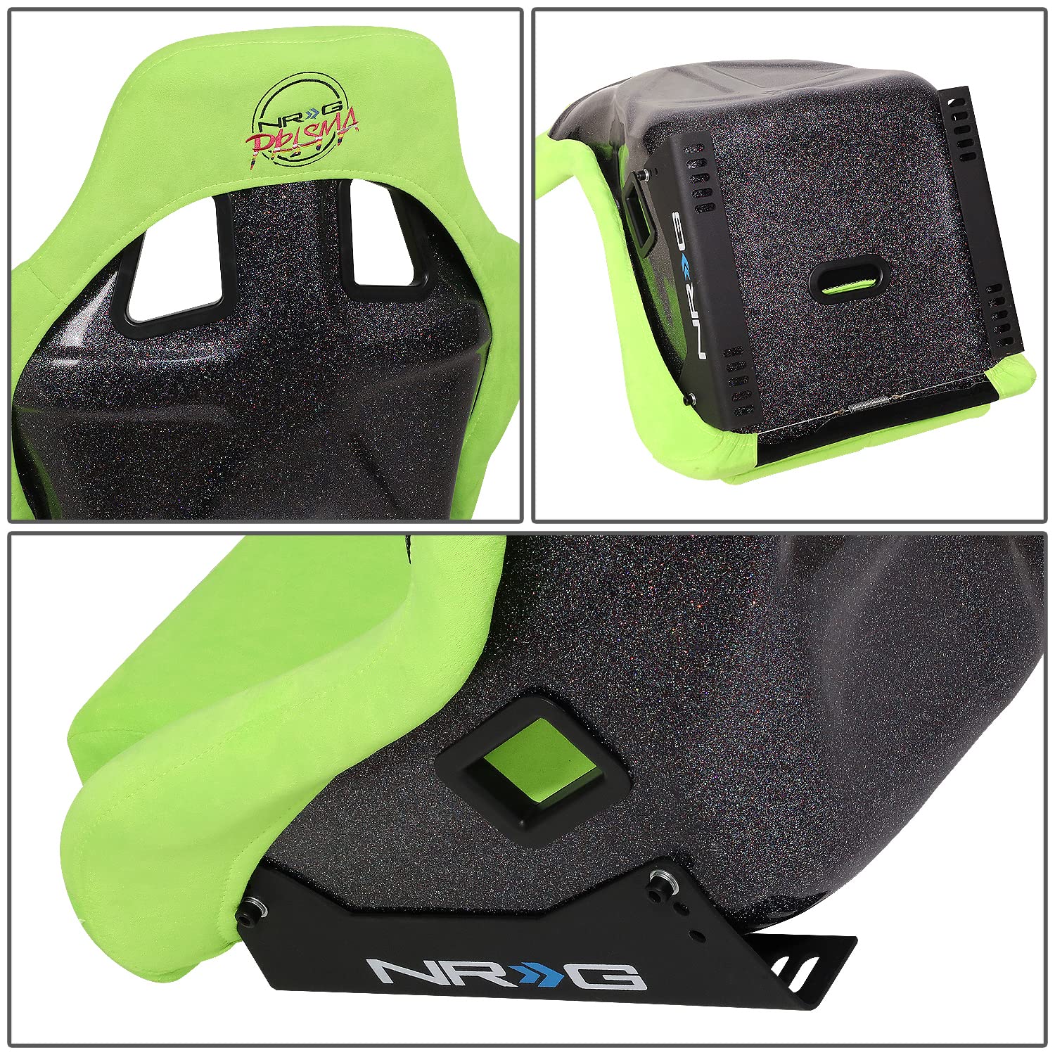 NRG Innovations Universal Fixed Back NRG-FRP-302NG-PRISMA Bucket Racing Seat for 5-Point Harnesses, Size L, Green Alcantara Material, 24" W X 35" H X 18" D