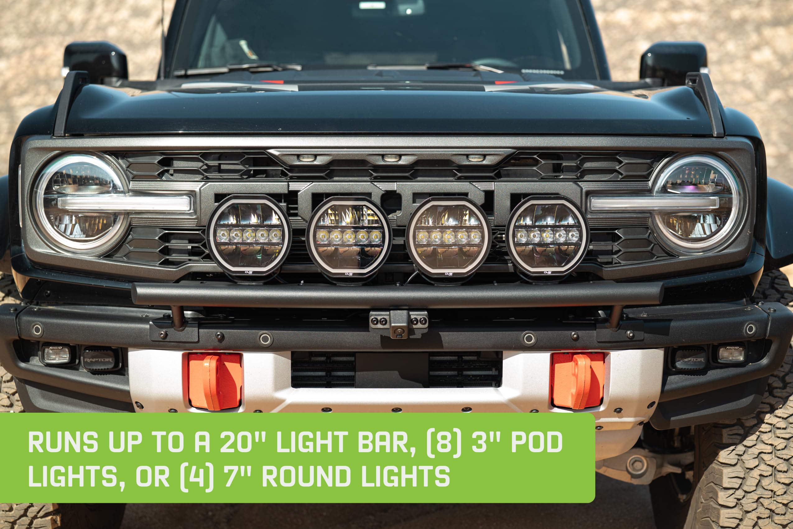 Offroad DV8 Tube Push Bar for 2021-2025 Ford Bronco | Fits OEM Modular Steel Bumper | Runs a 20" Light Bar, (8) 3" Pod Lights, or (4) 7" Round Lights | Protects Grille from Light Trail Debris | Steel