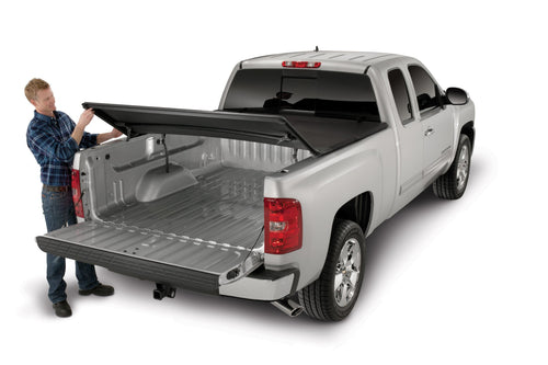 TrailFX Tonneau Cover Fits Toyota Tacoma 2016 2023 TrailFX TFX5009 Soft Tri Fold Black Vinyl Aluminum Rails Lockable Tailgate Handle