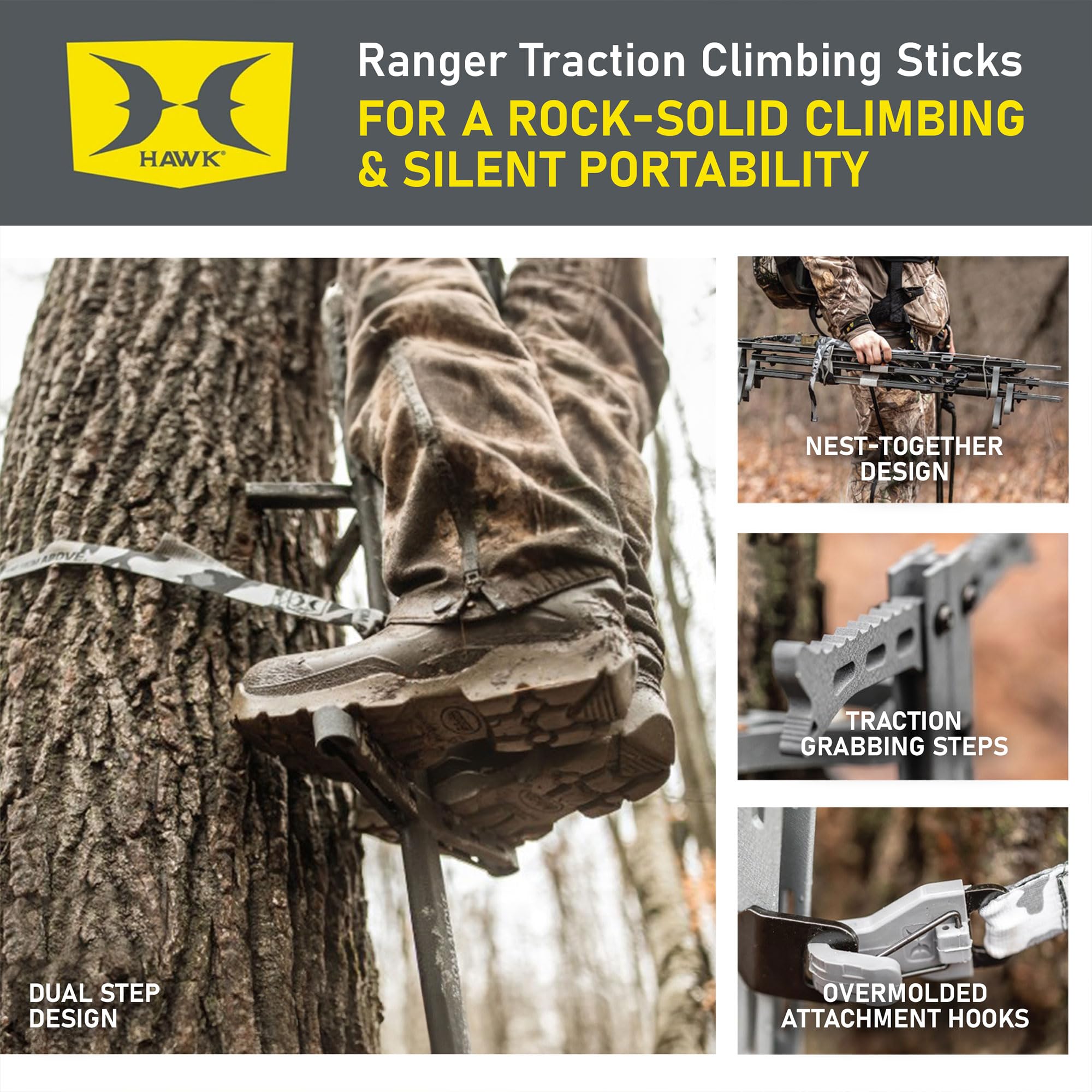 32" Hawk Ranger Traction Climbing Sticks w/Angled Steps, Tree Climbing Hunting Gear Hunting Accessories for Tree Stands, Deer Stands, & Blinds, 3 Pack