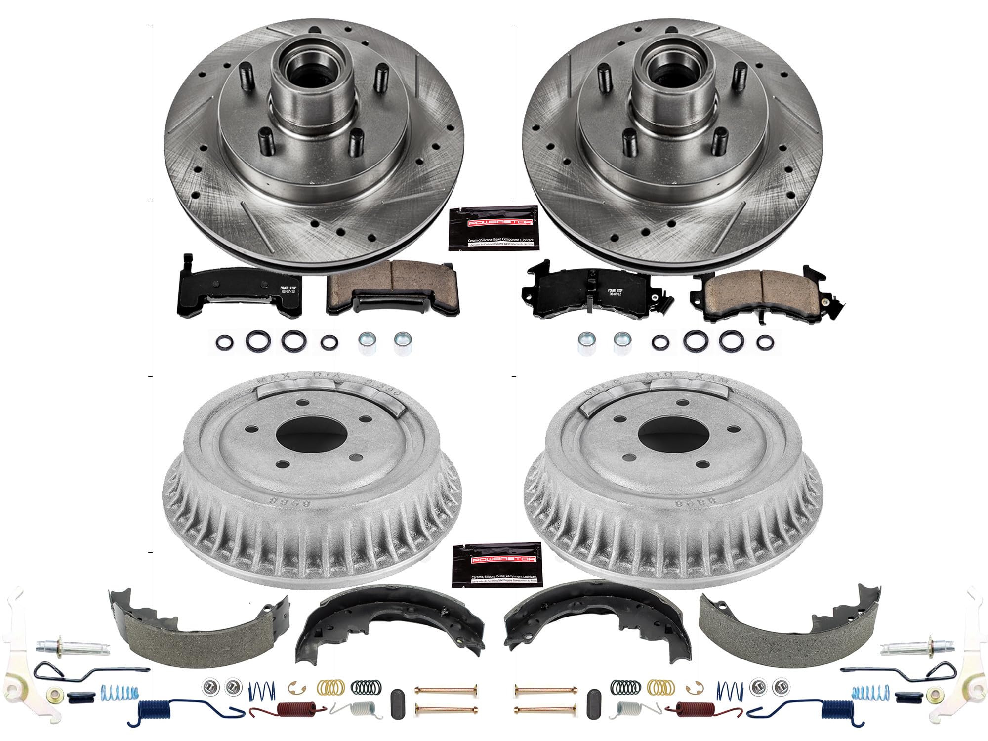 Power Stop K15049DK Z23 Carbon Fiber Brake Pads Front and Rear with Drilled & Slotted Brake Drums Kit For Chevrolet LLV, Chevrolet S10, Chevrolet S10 Blazer, GMC Jimmy, GMC Sonoma [Model Specific]