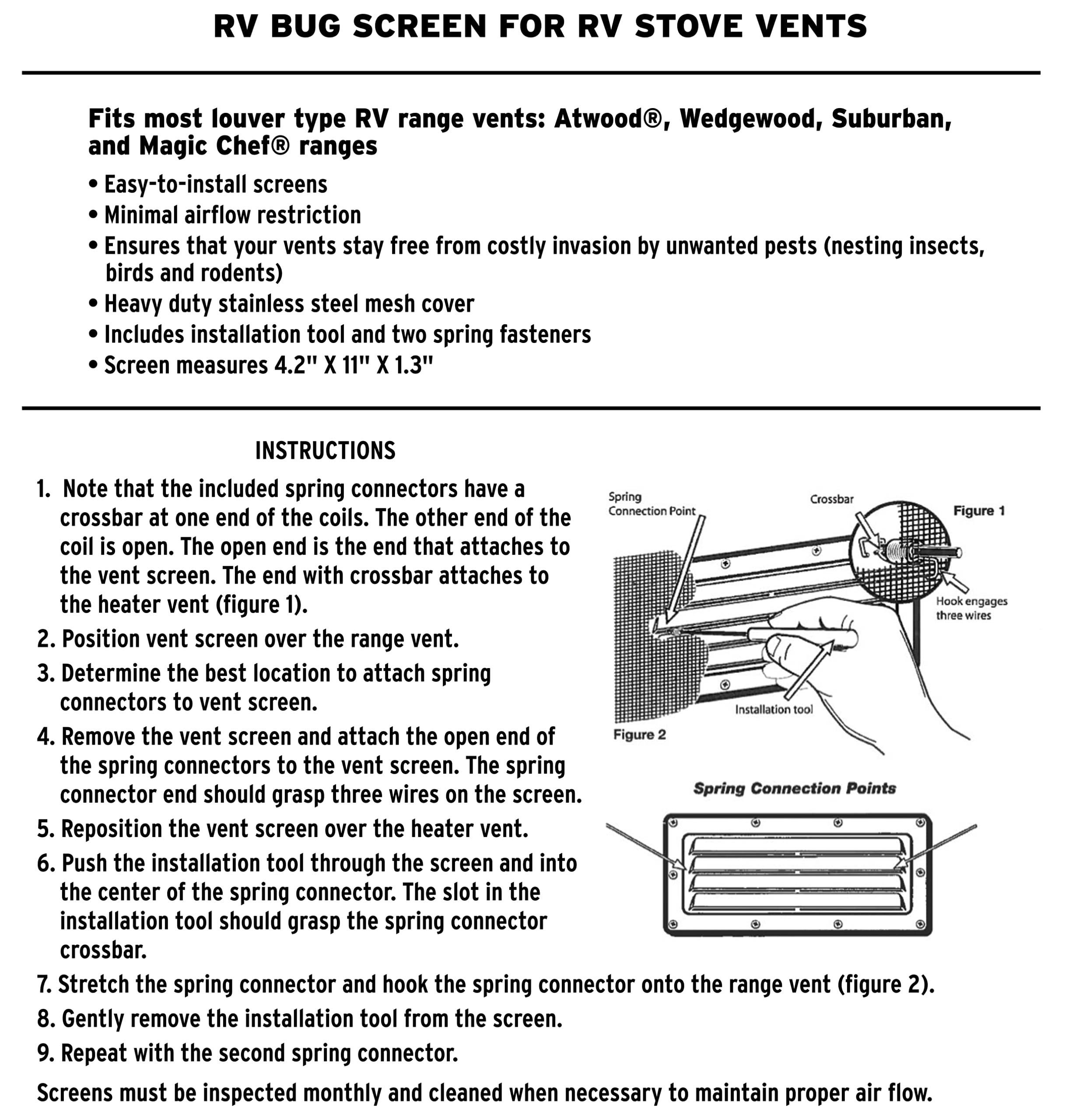 Valterra A10-1330VP Bug Screen (for RV Stove Vents, RV 4.2â€³ X 11â€³ X 1.3â€³),1 Pack